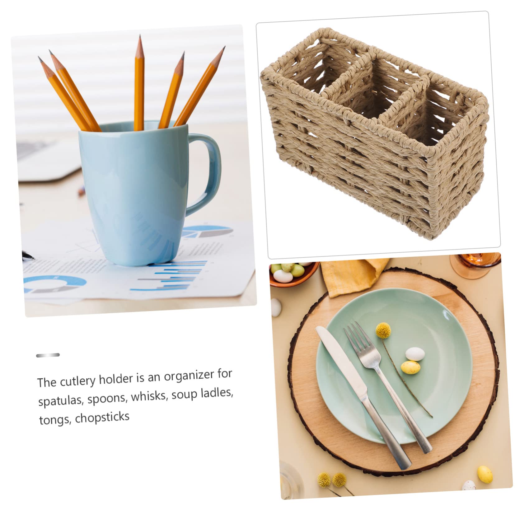 PRETYZOOM Cesta De Almacenamiento Tejida De Cuerda De Papel Beige para Cubiertos y Utensilios De Cocina Soporte Organizador para Tenedores y Cucharas para Hogar y Restaurantes