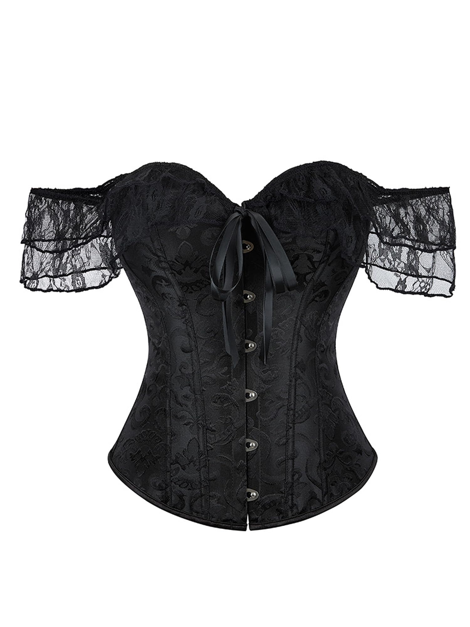 Felcia Women's Floral Lace Corset Stylish Off Shoulder Lace Up Boned Overbust Bustier Body Shaper Top Waist Trainer Costume (A-Black, L)