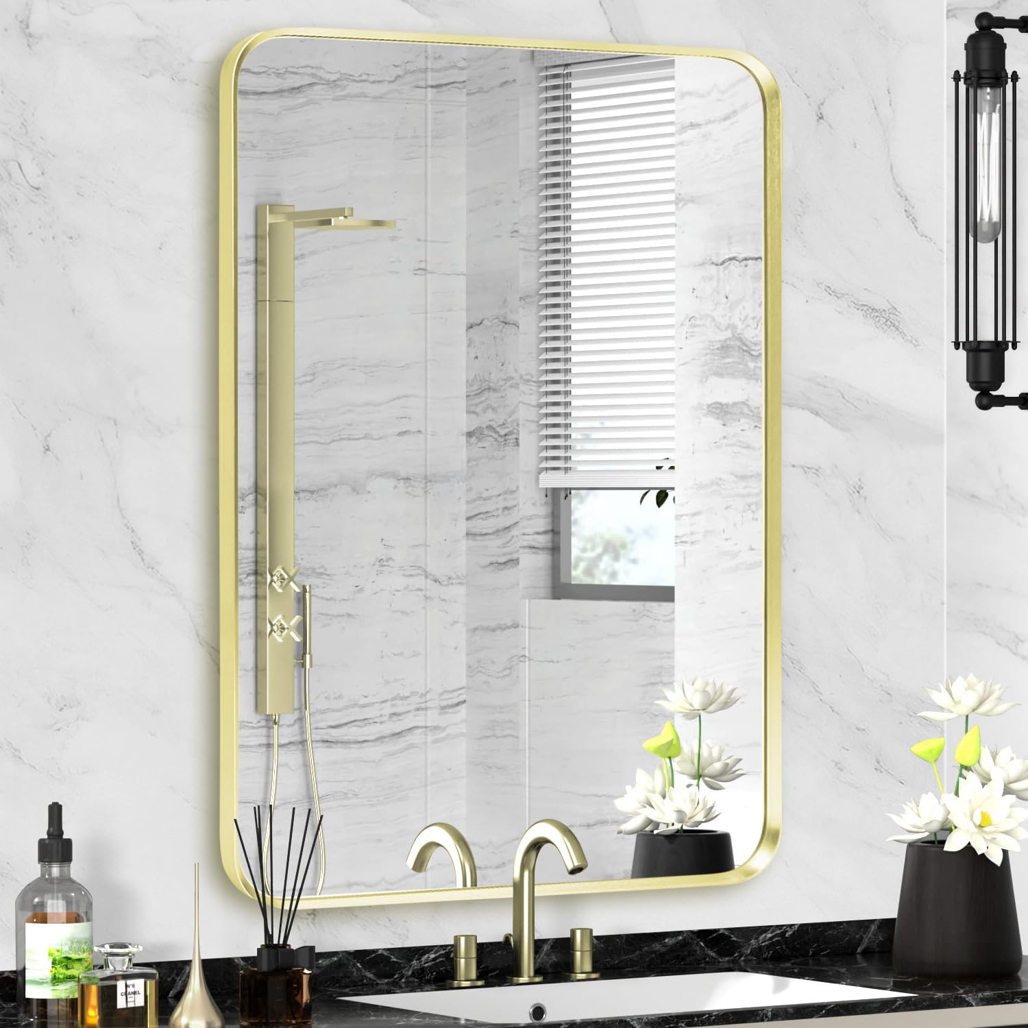 Gold Bathroom Mirror 22x30in, Metal Framed Rounded Rectangle Wall