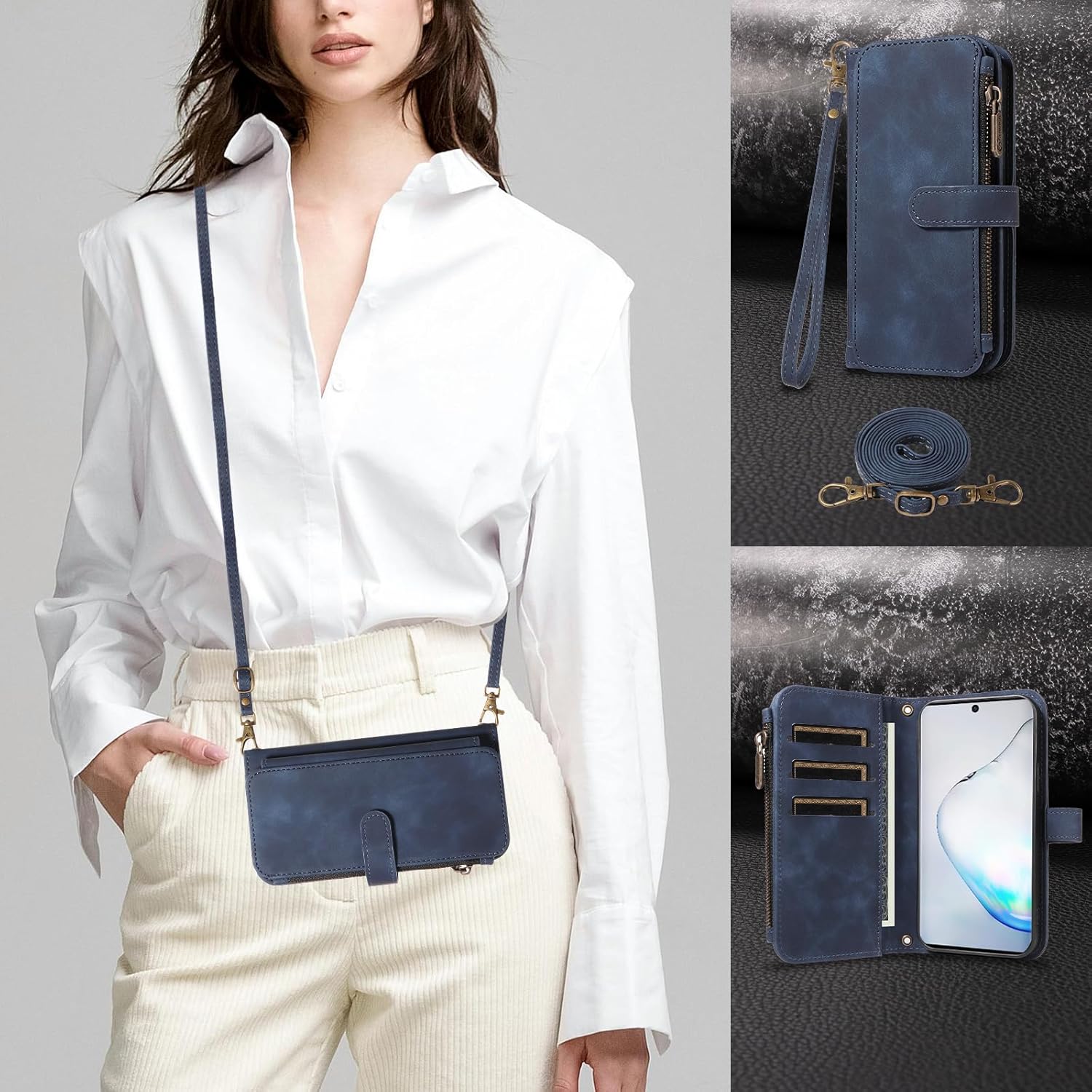 Asuwish Phone Case for Samsung Galaxy Note 10 5G Zipper Wallet Cell Cover with Tempered Glass Screen Protector Crossbody Wrist Strap Flip Credit Card Holder Note10 Notes 10s Ten Not S10 Women Men Blue