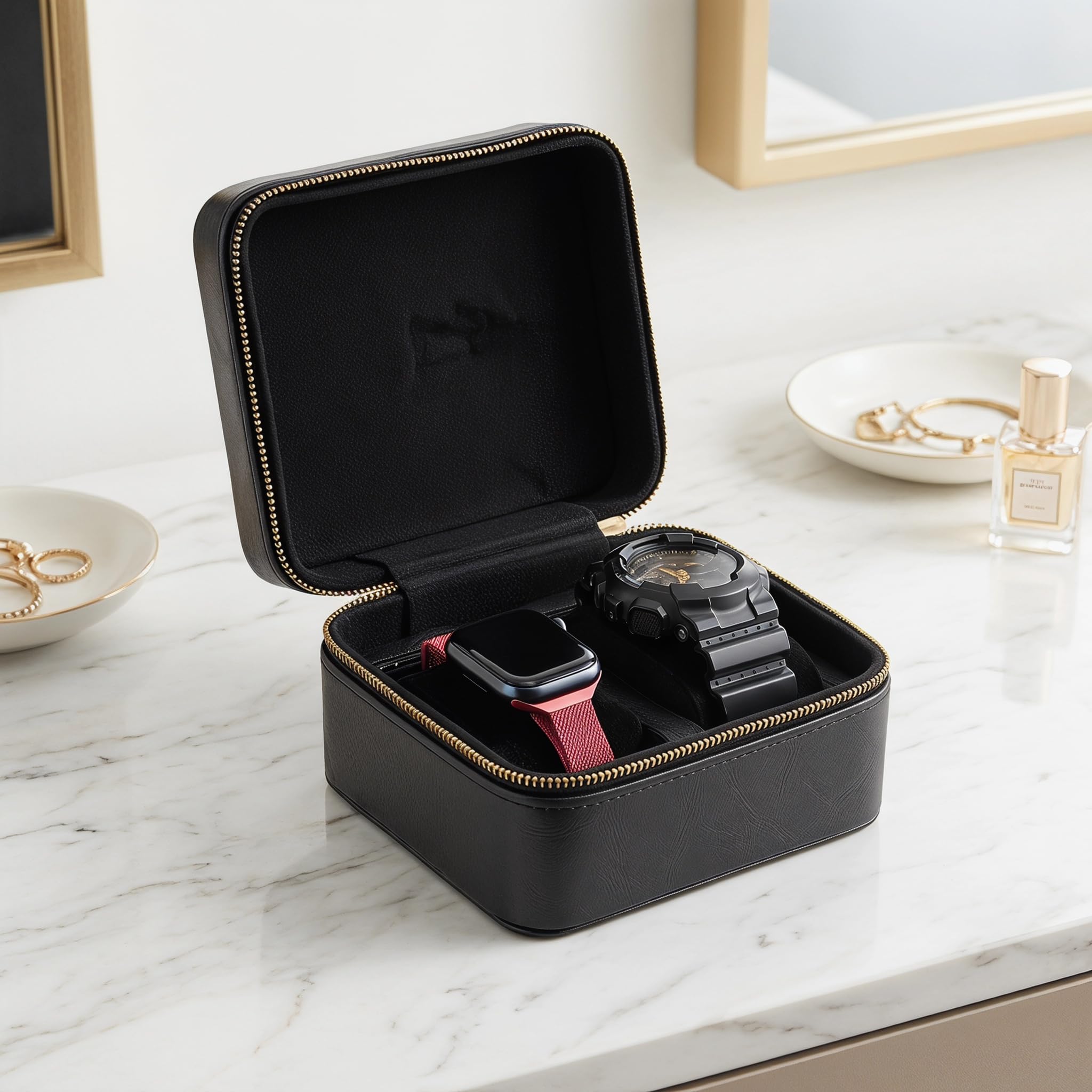 Fundas organizadoras de relojes de viaje, piel sintética compacta con cremallera, interior de microgamuza suave, paquete de 2 para hombres y mujeres, ideal para guardar relojes de pulsera en viajes