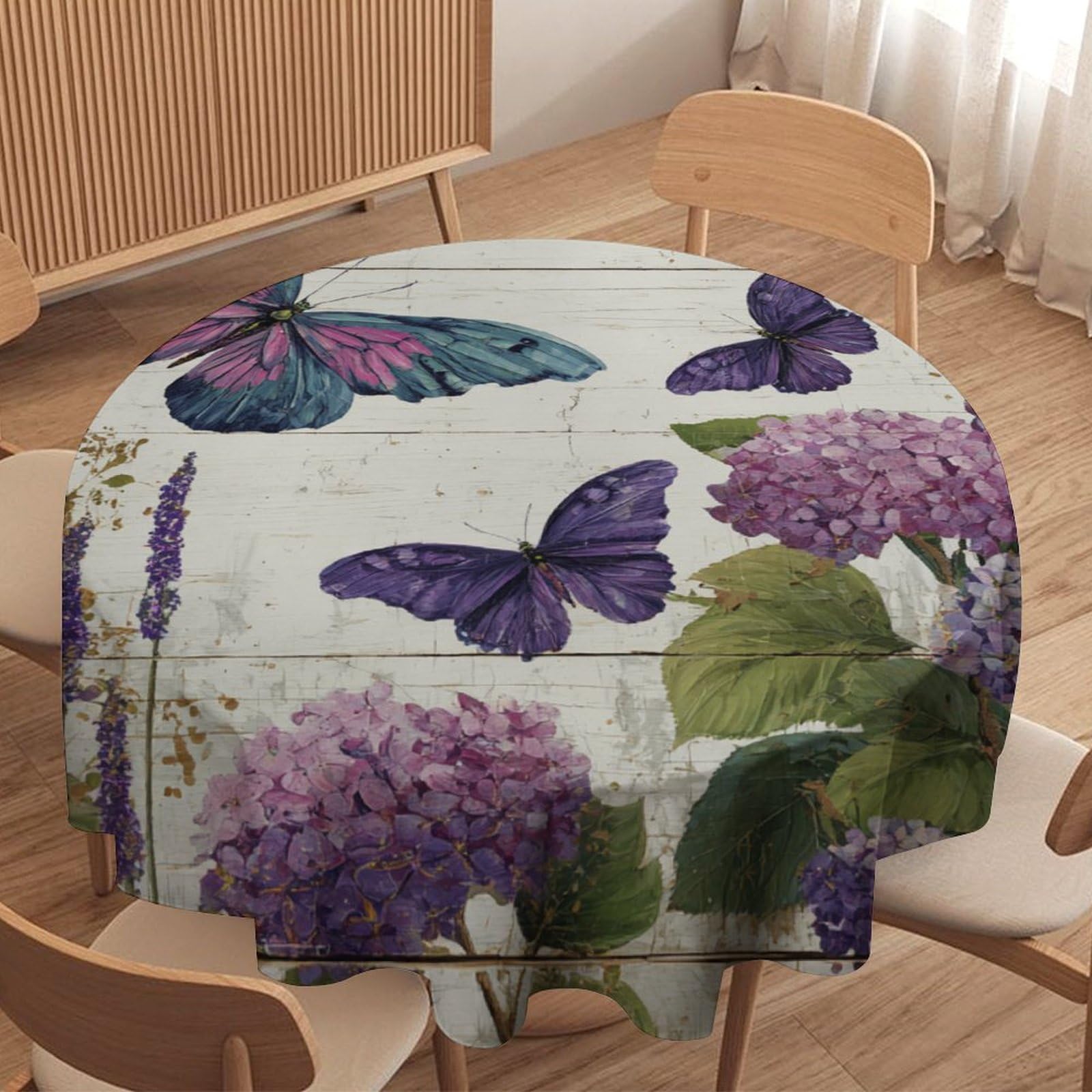 LUYYSKY Rustic Abstract Butterflies Waterproof Round Tablecloth Modern Beautiful Wooden Boards Lilac Floral Animals Butterfly Washable Table Cover for Kitchen-91.4" Wx91.4 L cm