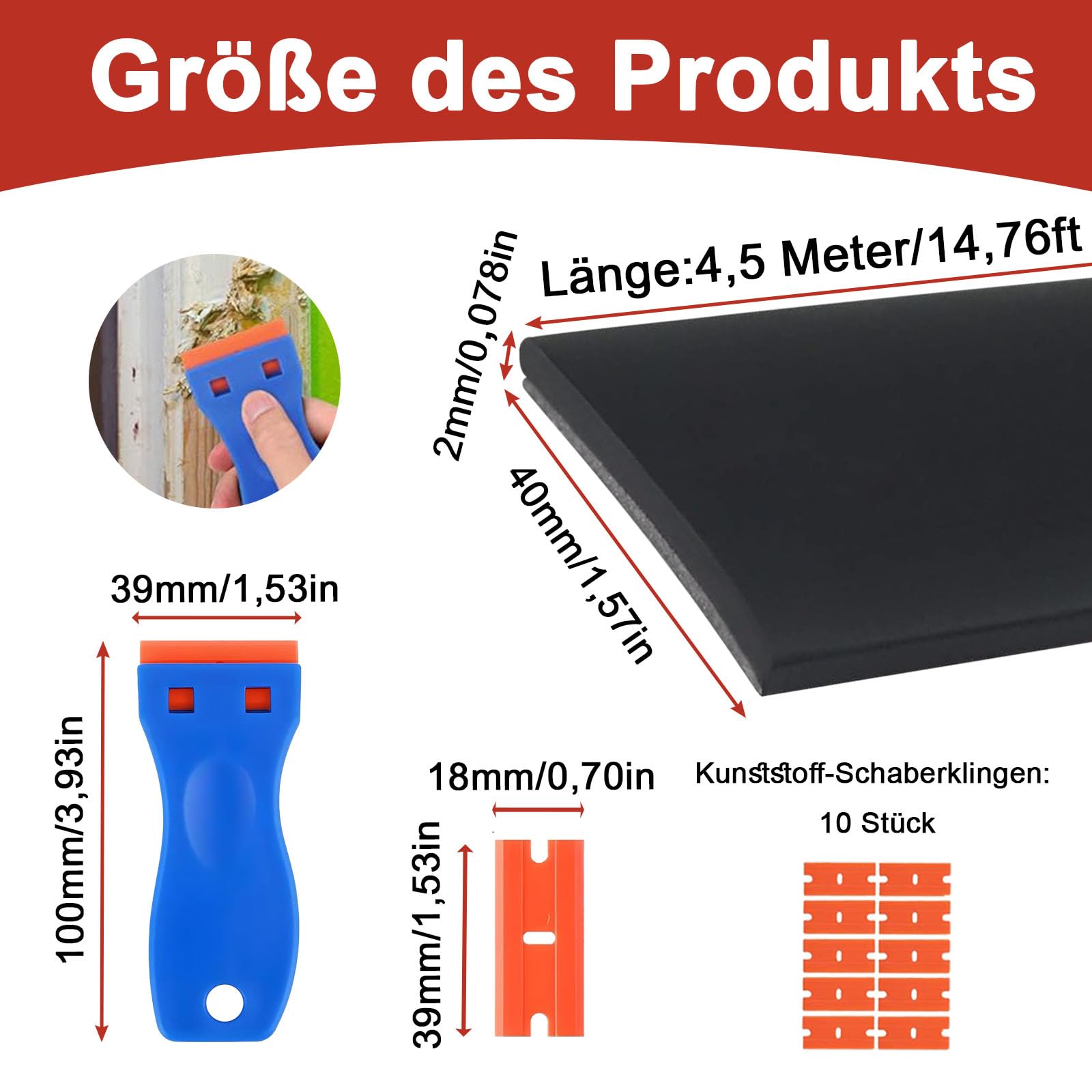 Tiras De Goma De Neopreno, (40mm x 2mm x 4,5m) Banda de Goma de Sellado Sólido, Incluye Espátulas de Plástico, Aplicable a los Bordes de Fregaderos, Negro