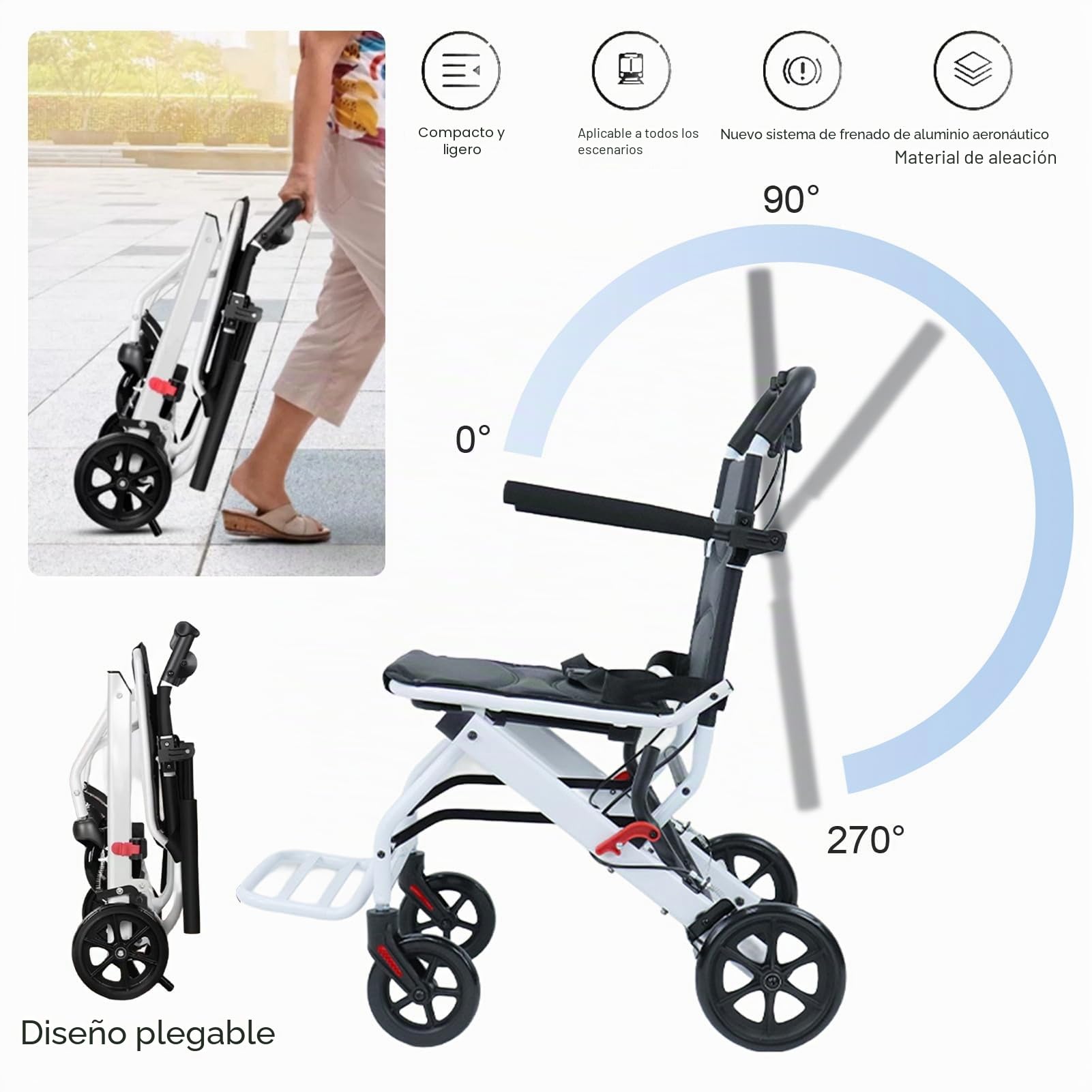 Silla de ruedas plegable ultraligera para adultos con manillar giratorio de 360°, neumáticos de poliuretano, 8,2 kg, silla de ruedas compacta para viajes, ideal para ancianos y discapacitados (negro)