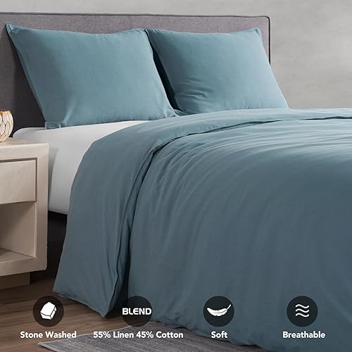 Miniatura 2 de DAPU Juego de funda de edredón de lino tamaño Queen, juego de ropa de cama ligero lavado con cierres de botones, 3 piezas hipoalergénicas de mezcla