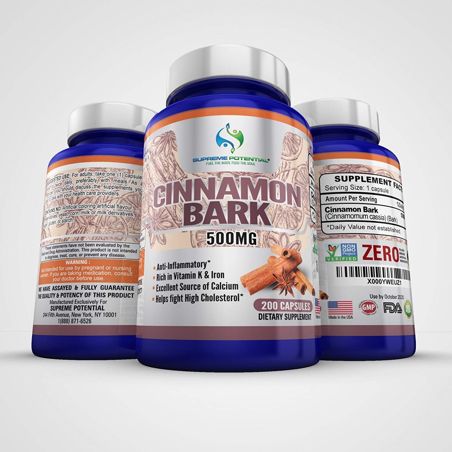 Supreme Potential 100% Pure Cinnamon Bark for Anti-Inflammation, Rich in Vitamin K and Iron - 500mg - 200 Capsules - 200 Day Supply -Manufactured in USA.