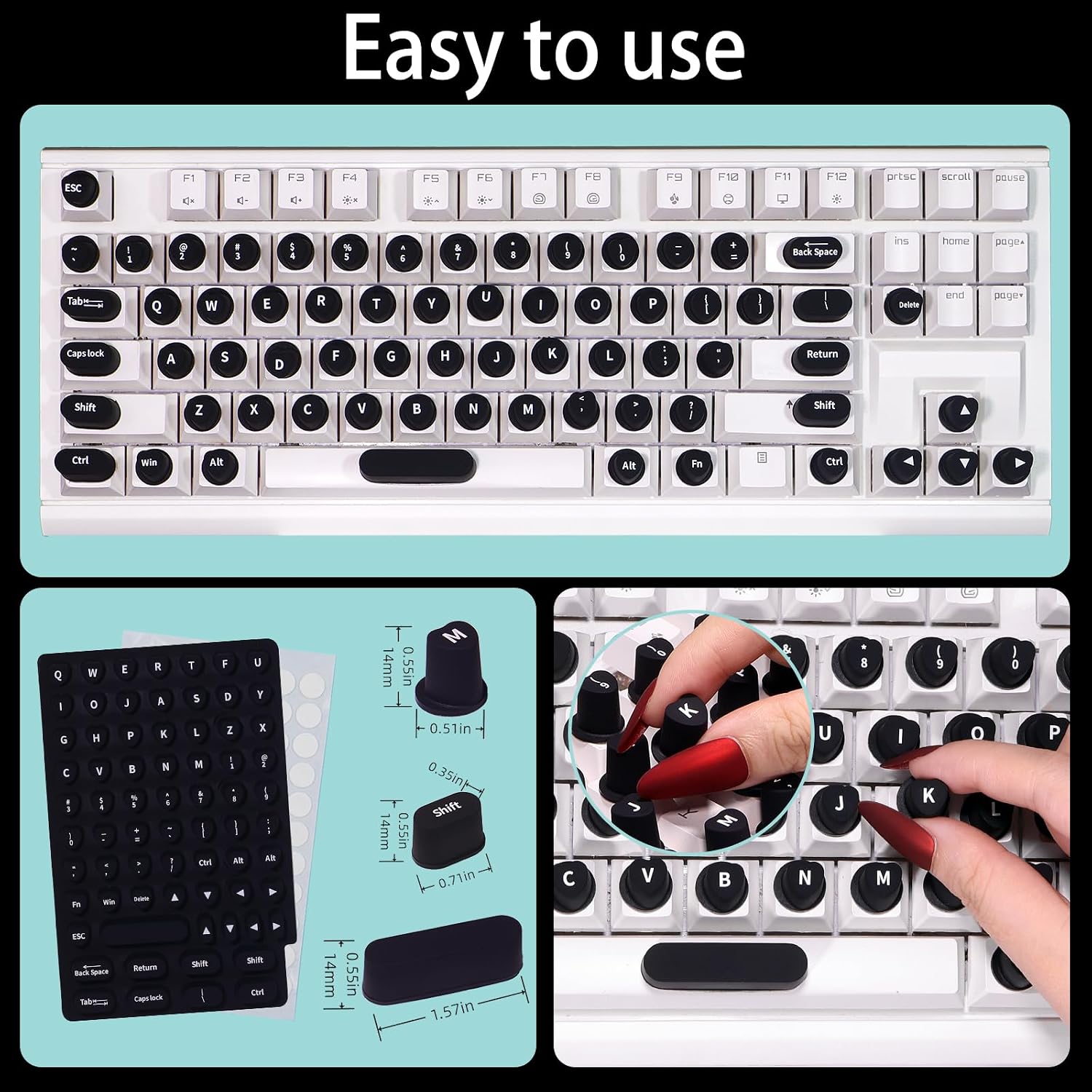 70 Pcs RaisedTip Keyboard Stickers for Long Nails with Letters: Adhesive Typing Bubbles for Women,Office & Gaming Girls Accessories Gift(Black,70)