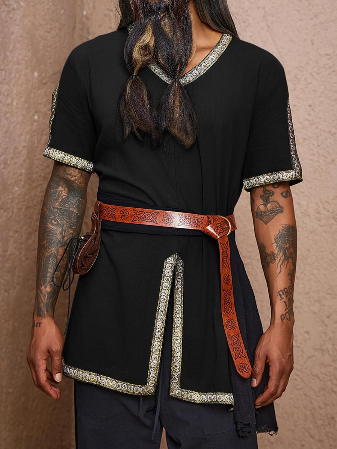 Runcati Mens Medieval Pirate Tunic Renaissance Viking Knight Costume Linen Short Sleeve LARP Halloween Tops - Image 3