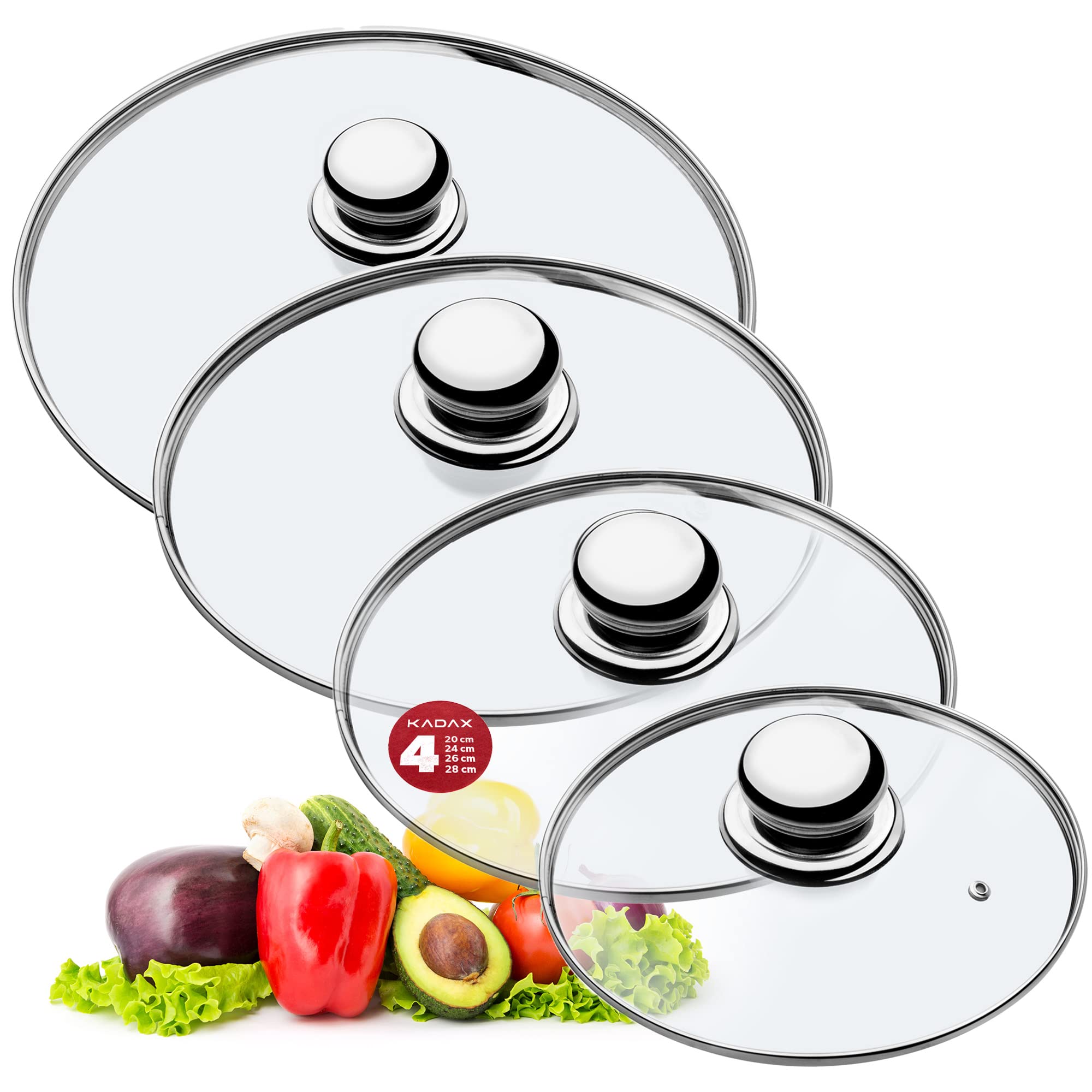 KADAX Set di 4 coperchi in vetro, con manico in metallo, Ø 20/24/26/28 cm, resistenti al calore, per pentole e padelle, mantiene il calore e riduce gli schizzi