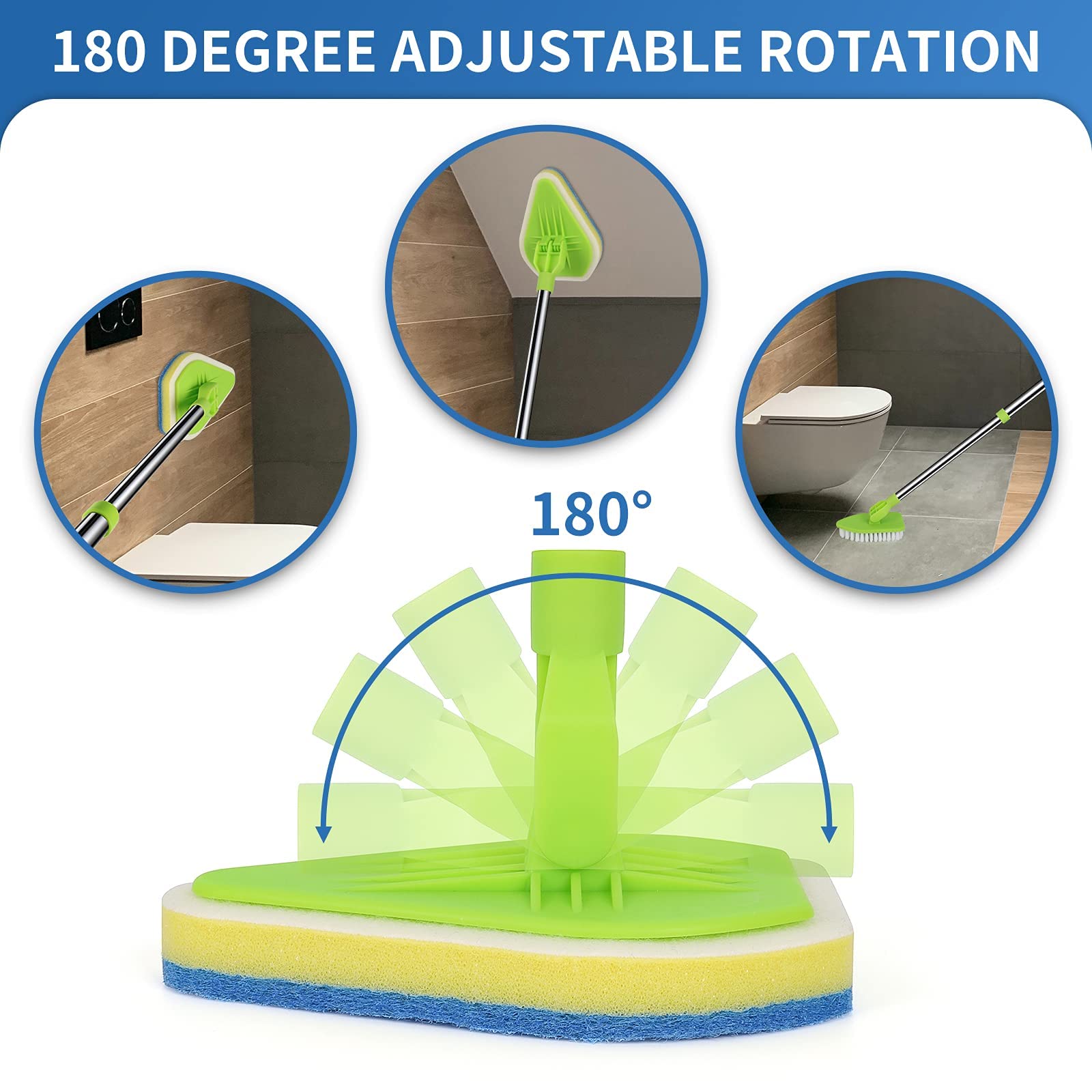 Cepillo de Limpieza 2 en 1 con Mango Extensible de 37 Pulgadas de Largo, 1 cerdas rígidas y 3 cepillos de Esponja, Limpiador de Ducha Desmontable Ligero para Limpiar baño, Ducha, bañera,