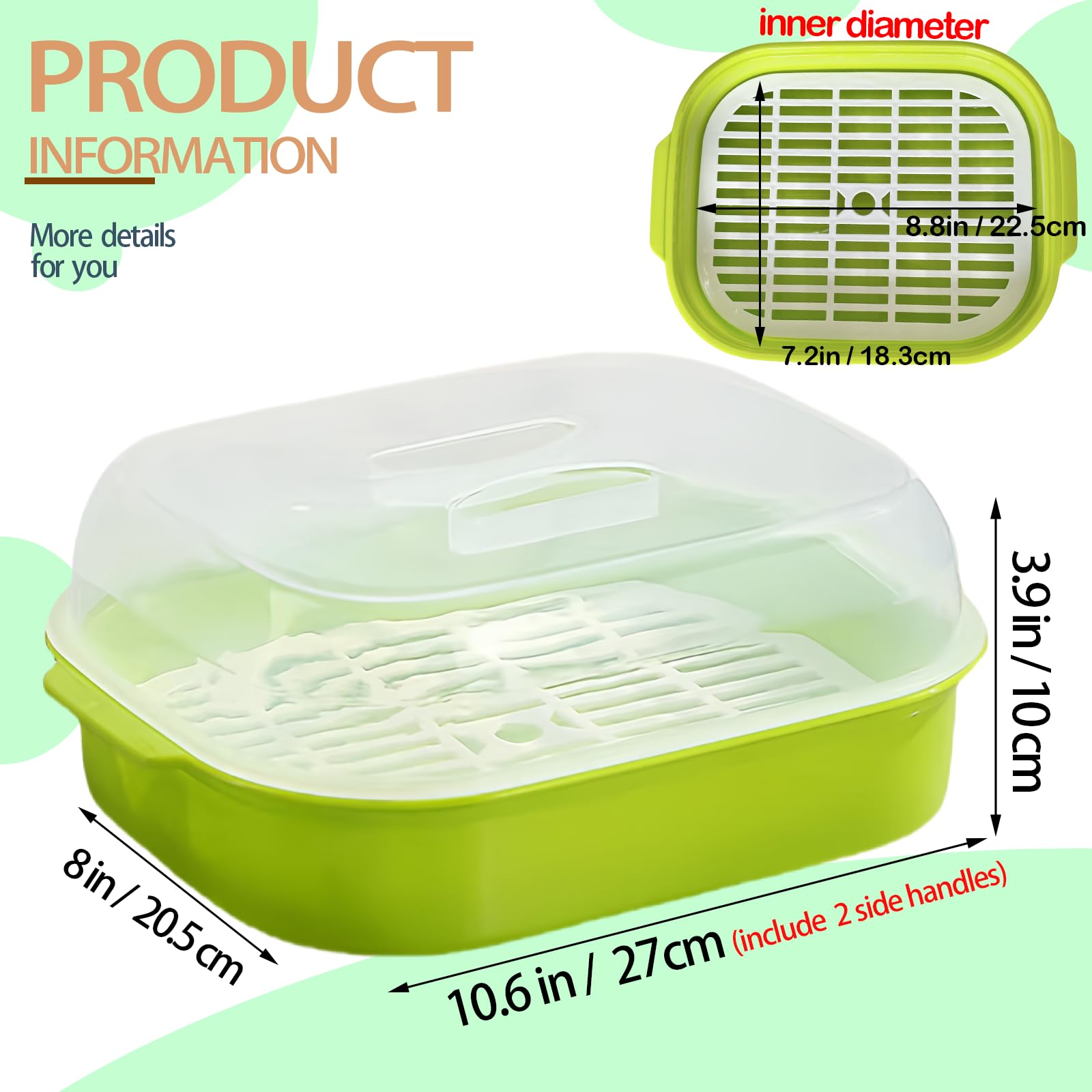 Bigwinyep Microwave Steamer for Vegetables, Plastic Microwave Vegetable Steamer with Lid for Vegetables Prep Seafood Fish Cooking, Green-Rectangle, 10.6Inch