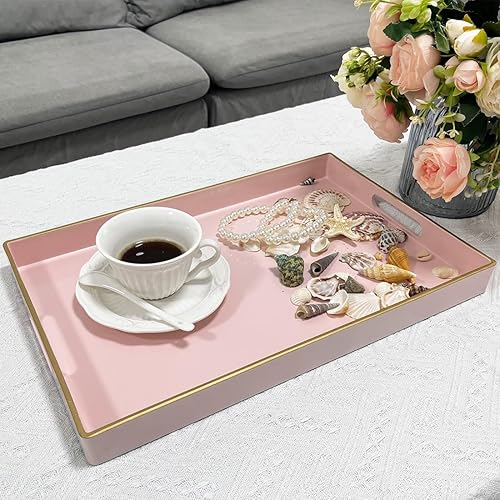 Miniatura 2 de Bandeja de servir rosa con asas, bandeja decorativa rectangular para mesa de café, bandeja otomana de plástico para sala de estar, baño, mesa de