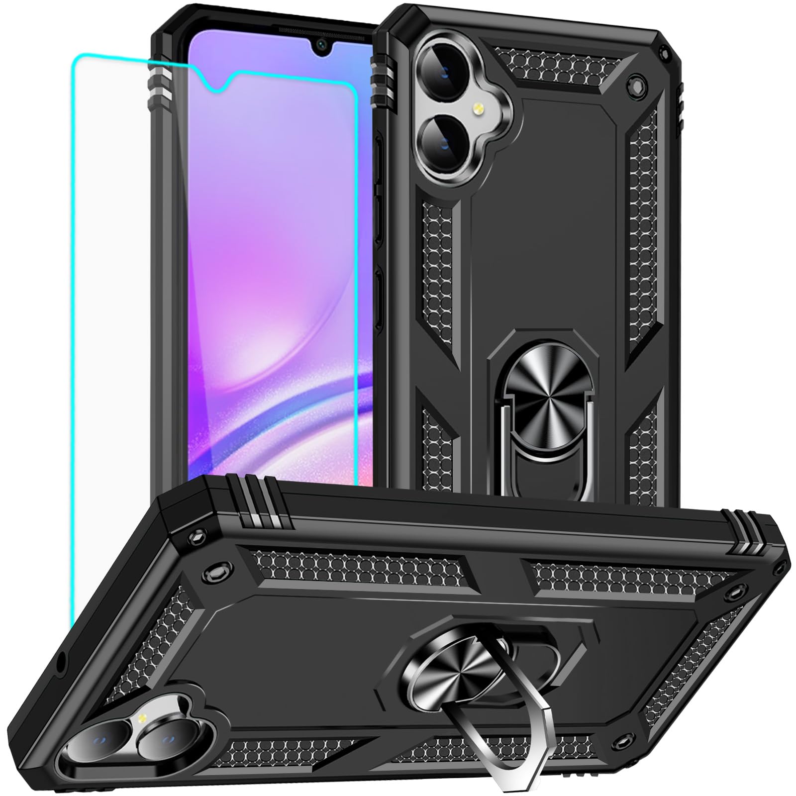 Yiakeng for Samsung Galaxy A05 Case: Galaxy A05 with Screen Protector - Military Grade Protective Cases with Finger Ring Holder Kickstand for Samsung