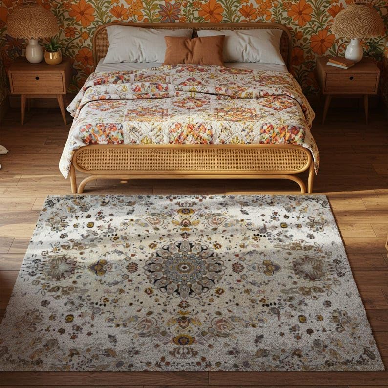 Tapis médaillon crème idéal pour le salon et les grands couloirs