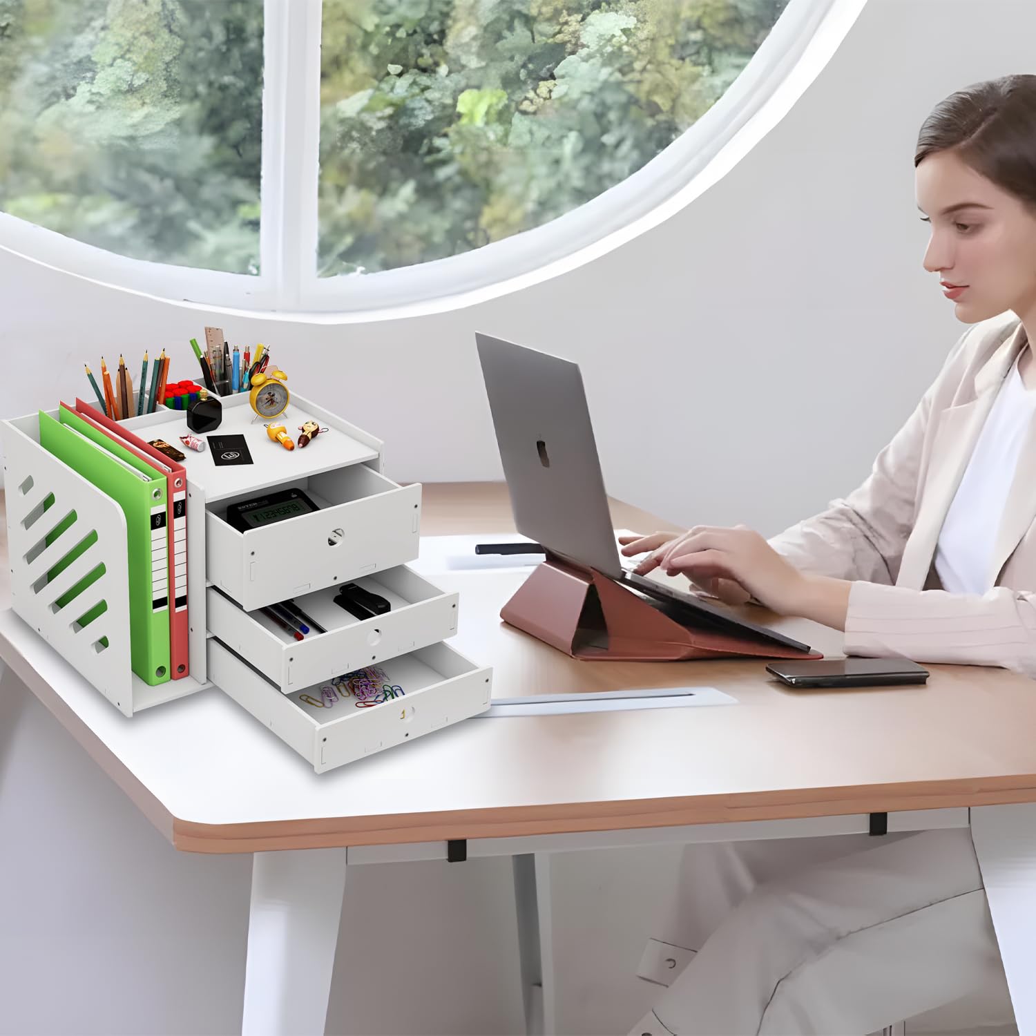Organisateur de Bureau,Rangement Bureau Organisateur avec 1 Porte-revues-3 Stylos Compartiments et 3 compartiment rangement tiroir pour bureau,maison,école,Organiseurs multimédia