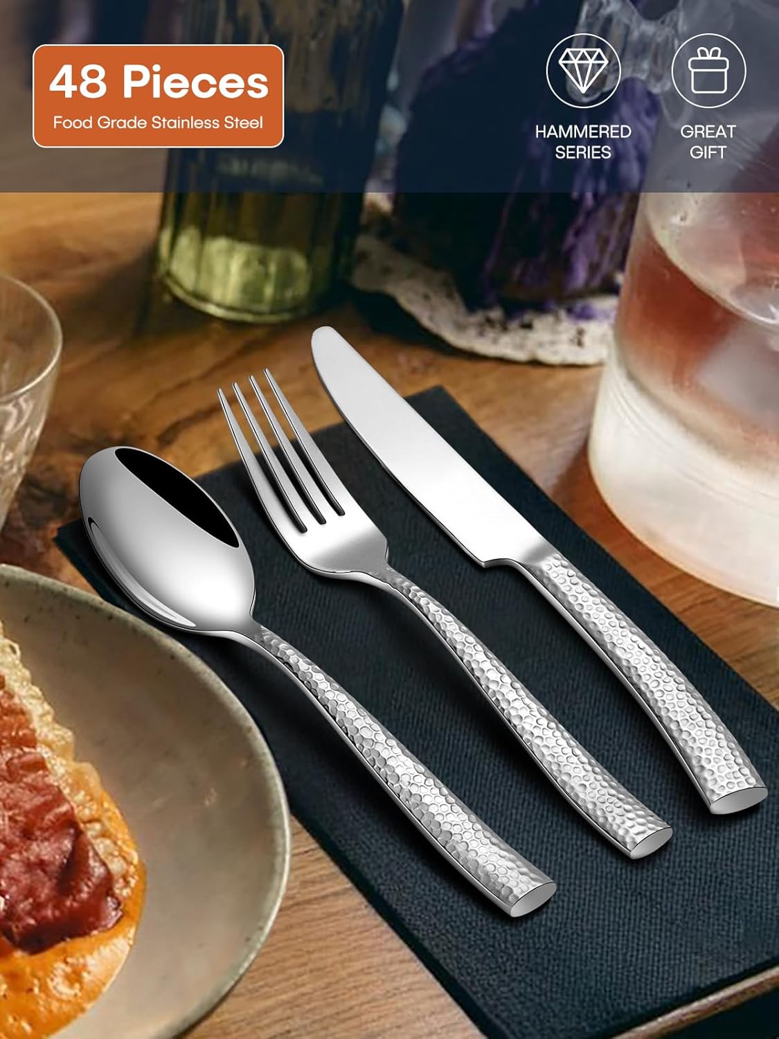Stapava 48 Pcs Hammered Silverware Set for 8, Stainless Steel Flatware Set with Steak Knives, Mirror Cutlery Include Forks Spoons and Knives Set, Heavy Duty Utensils for Home Hotel, Dishwasher Safe
