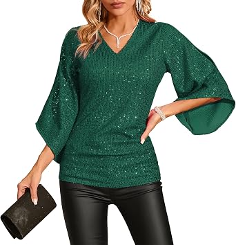 Sequin Tops for Women 3/4 Sleeve Blouse for Women Dressy Sparkly Tops V Neck Outfits for Party Glitter Tops