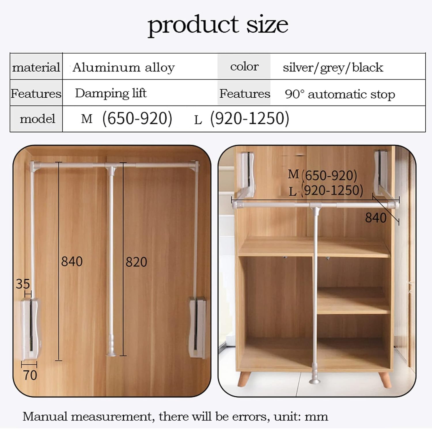 Closet Rods Pull Down Closet Rod, Adjustable Width Lift Clothes Hanging Rail with Automatic Return and Adjustable Width, Pull Down Wardrobe Lift for an Overcrowded Closet(Color:grey,Size:650-920mm)
