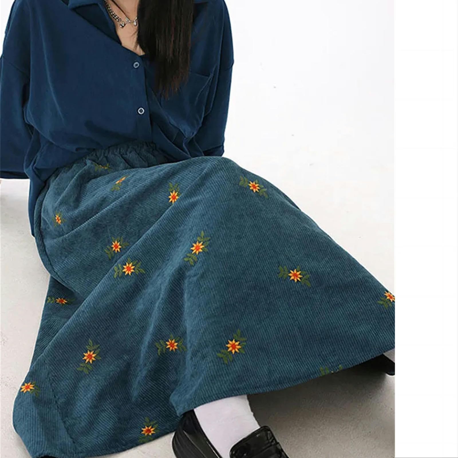 MdybF Gonna Jeans Donna Donne Autunno Inverno Velluto Ricami A Velluto Sciolte Floreali Casual retrò-caffè