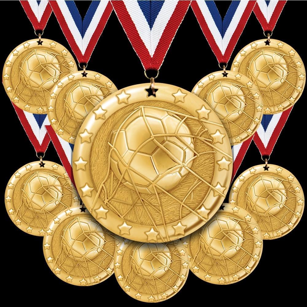 Crown Awards 10 Pack Soccer Medals with Red White and Blue Neck Ribbons – 2" Gold Sports Award Medals for Kids, Teams, Tournaments, Youth Soccer, School Events