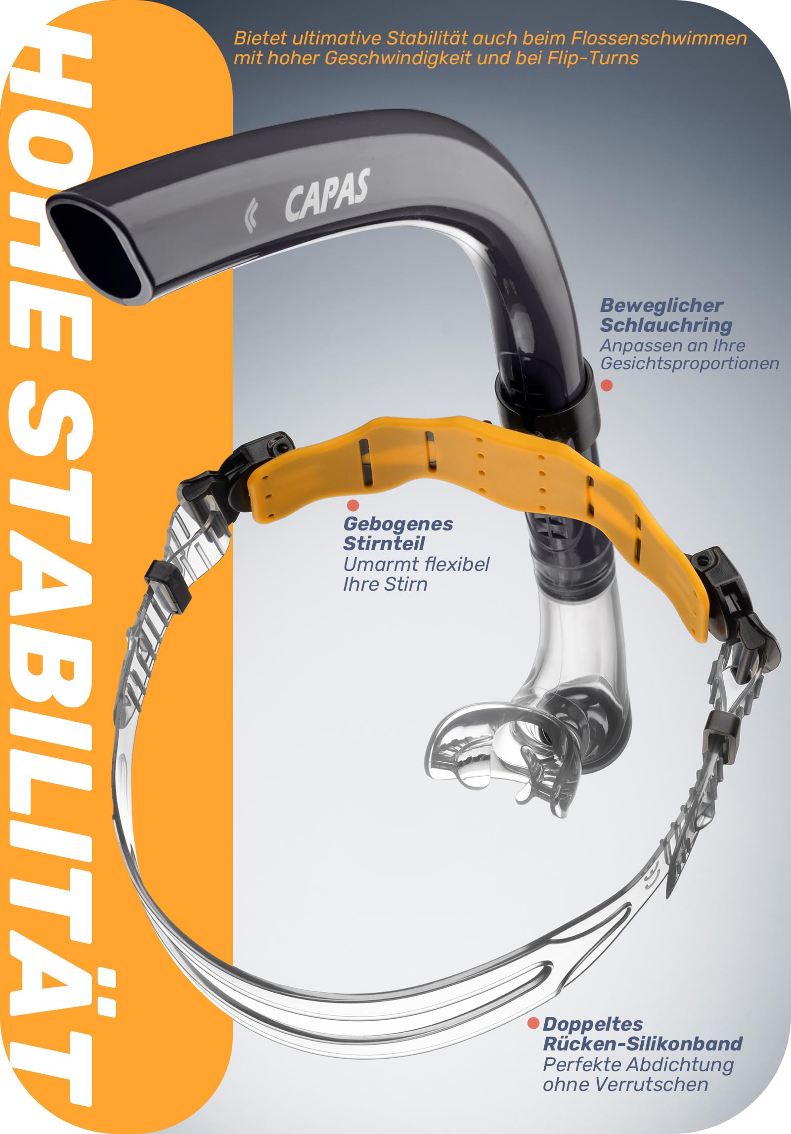 CAPAS Training Schwimmen Schnorchel für Runde Schwimmen, ideale Passform, Schwimmer-Schnorchel mit Flüssigkeit Silikon Mundstück verstellbaren Riemen Swivel Stirnband, für Erwachsene Männer Frauen