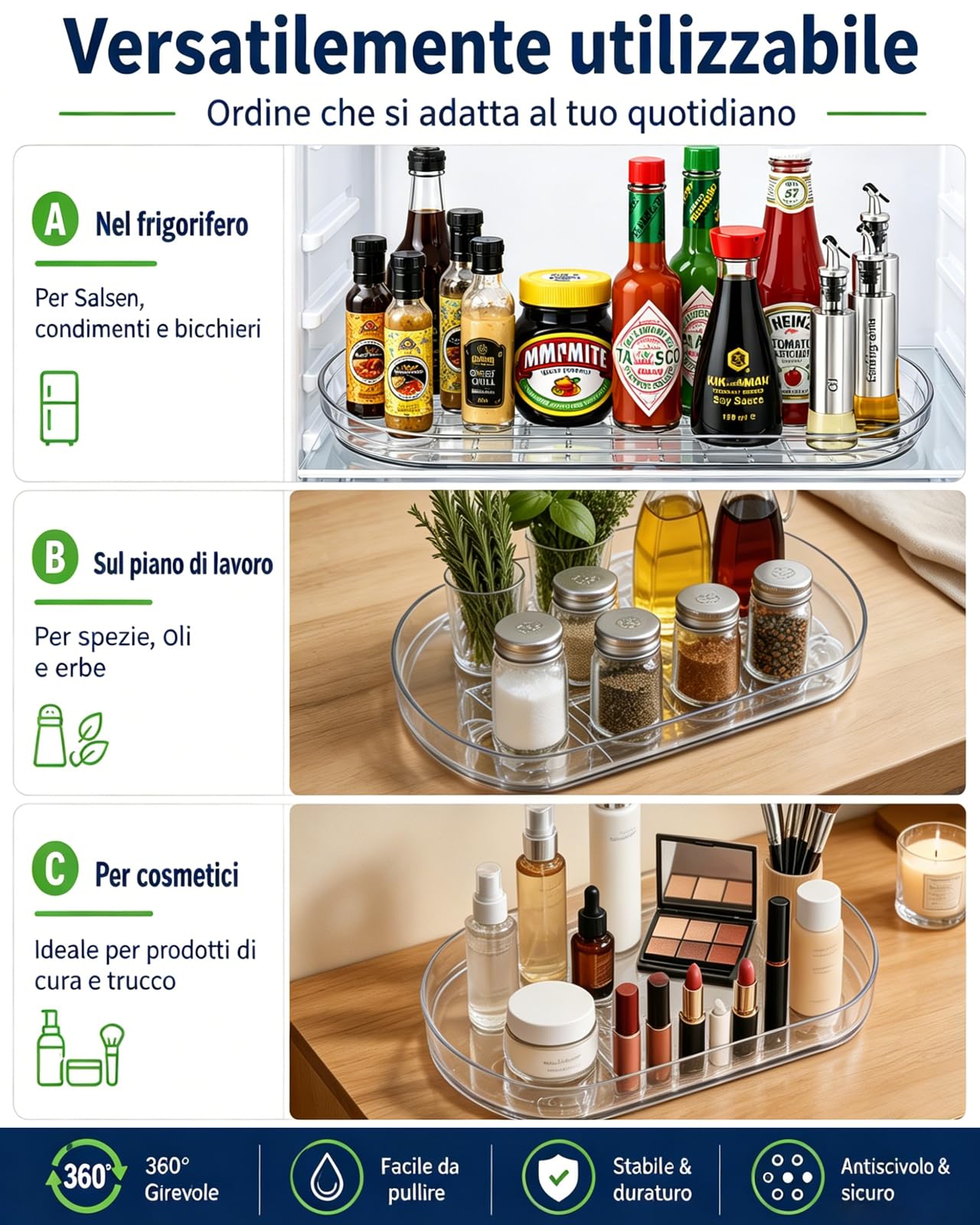 LANMOU Organizer Giradischi per Frigorifero, Lazy Susan Piatto Girevole, Organizer Frigorifero Salvaspazio, 360° Portaspezie Vassoio Girevole Portaoggetti per Frigorifero, Cucina, L40 cm