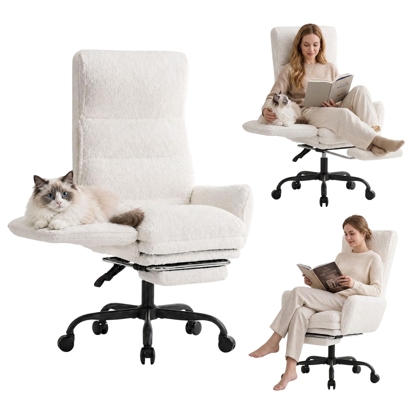 Silla Oficina Grande y Alta, Silla Escritorio Ergonomica con Reposapies, 145° Silla Reclinable, Silla Piernas Cruzadas con Reposabrazos Abatibles, Felpa de Pelo Rizado, para Oficina Casa, Beige Global Recycled Standard Global Recycled Standard Global Recycled Standard