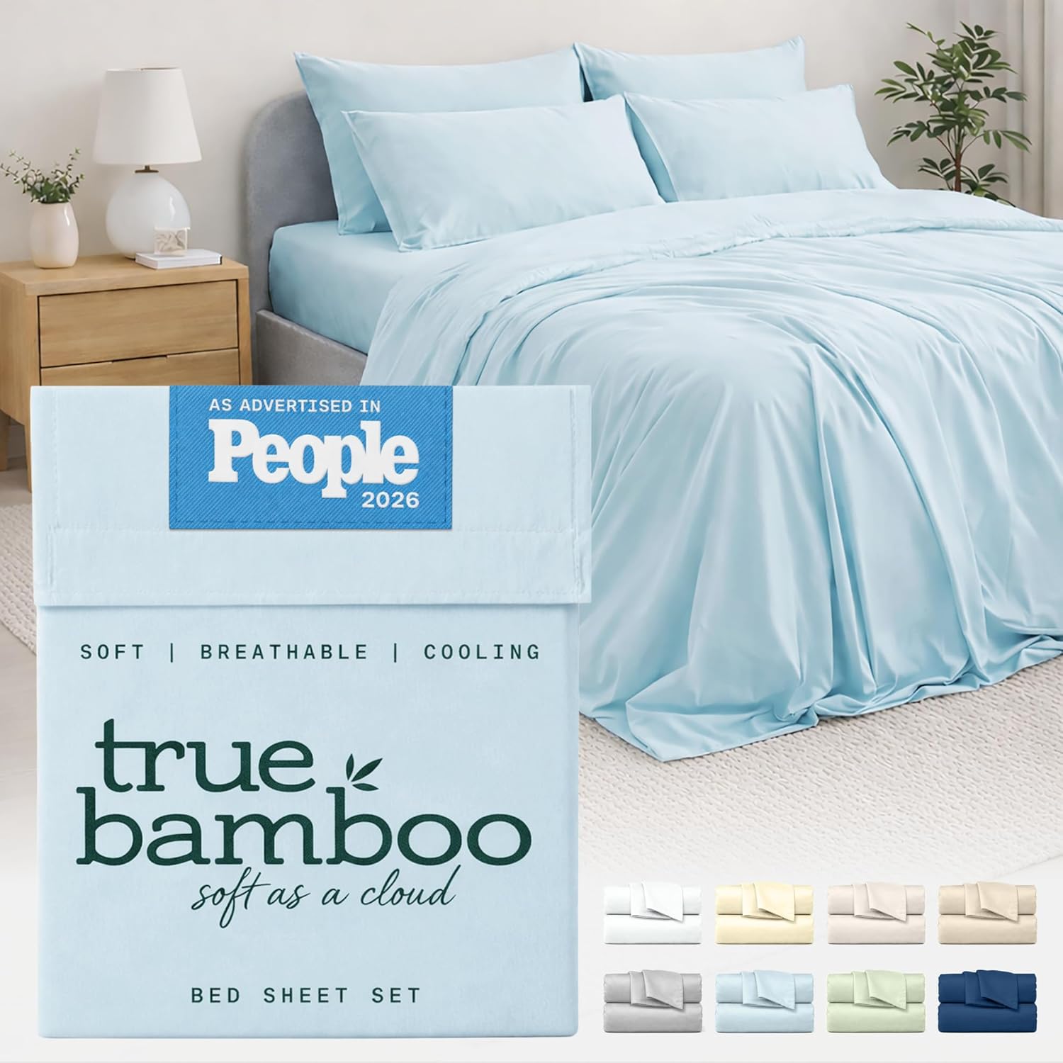 TRUE BAMBOO Sheets Set Queen Size - Silky Soft & Naturally Cooling for Hot Sleepers - Luxe 4 Piece Bed Sheets with Breathable & Moisture-Wicking Fabric - 16" Deep Pocket with Corner Straps, Light Blue