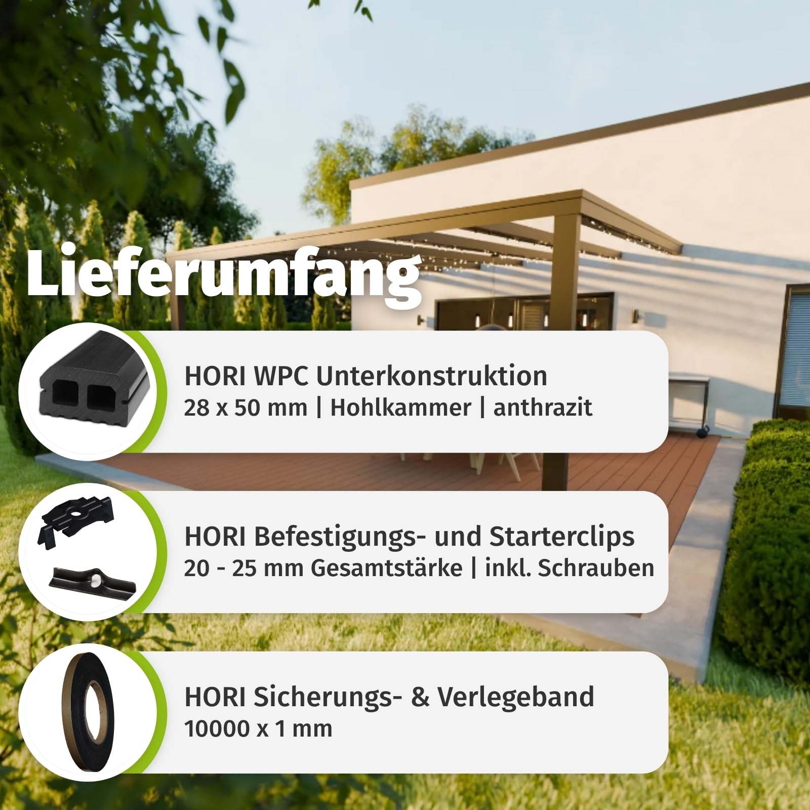 HORI WPC Terrassendielen Komplettset Hohlkammerdiele BPC Aktion Komplettbausatz Inkl. Unterkonstruktion & Clips Wetterfest pflegeleicht Fläche: 16 m² - 400 cm Dielenlänge - Braun