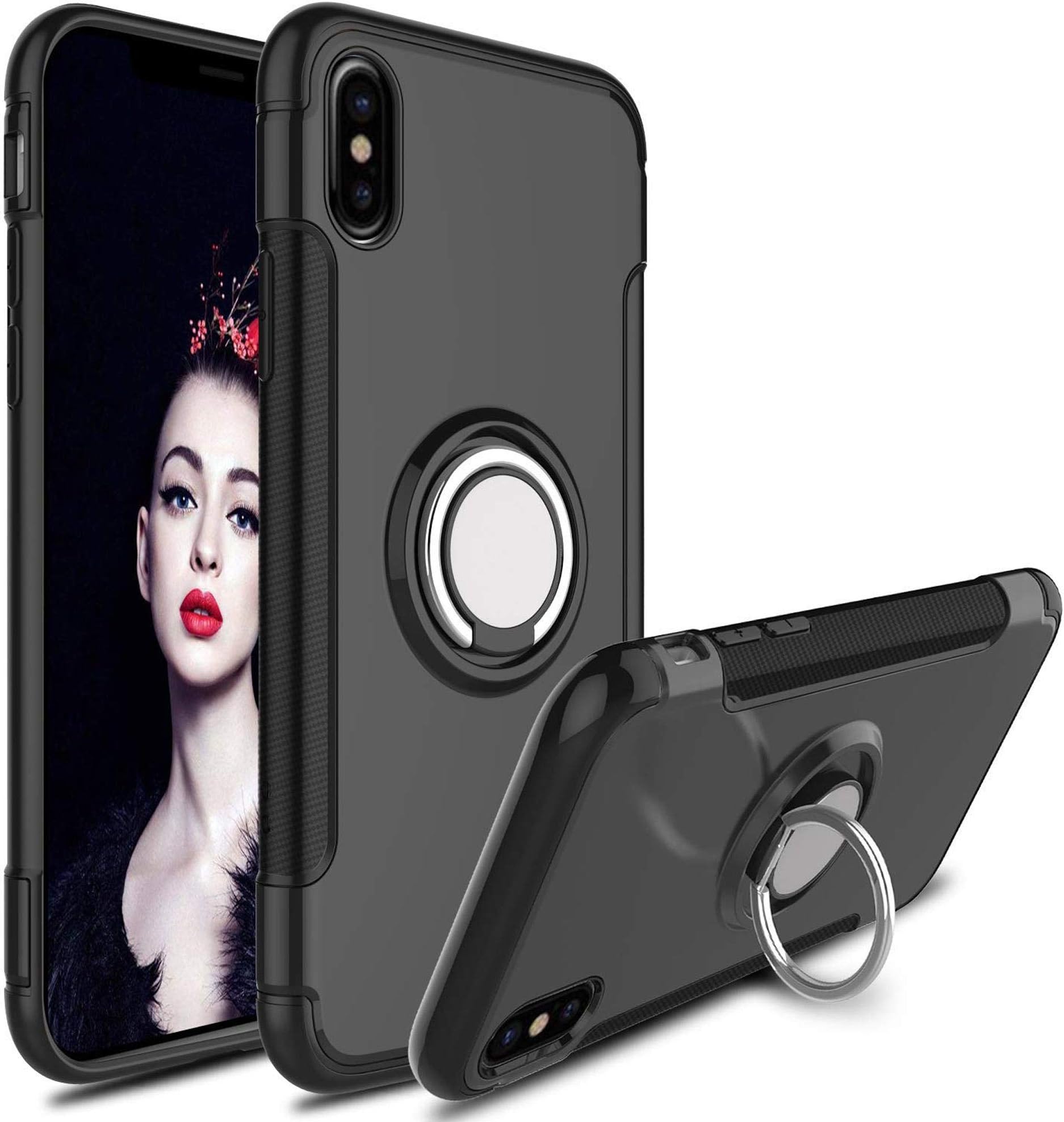 iPhone XS MAX Case,Double Defense Shock Resistant Scratch Resistant Soft Case with 360 Degree Swivel Ring for Apple iPhone XS MAX - Black
