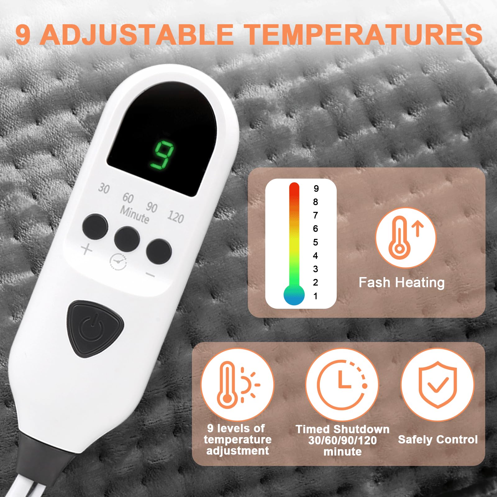 Dechoga Tappetino riscaldante in flanella a doppio strato, regolatore di temperatura a 9 passaggi e 4 timer, lavabile in macchina, morbido e pro-pelle, per collo, spalle (Grigio, 43x84cm)