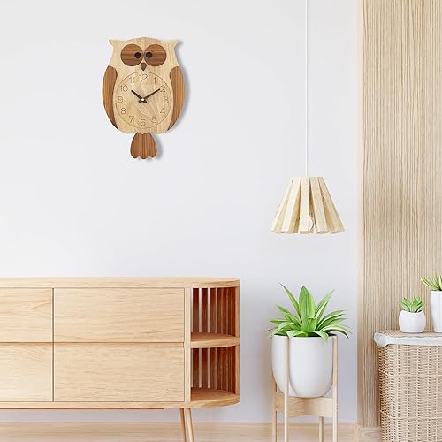 Miniatura 9 de Reloj de pared de búho decorativo de madera Clolck sin tictac, funciona con pilas, reloj de péndulo de madera para sala de estar, dormitorio,