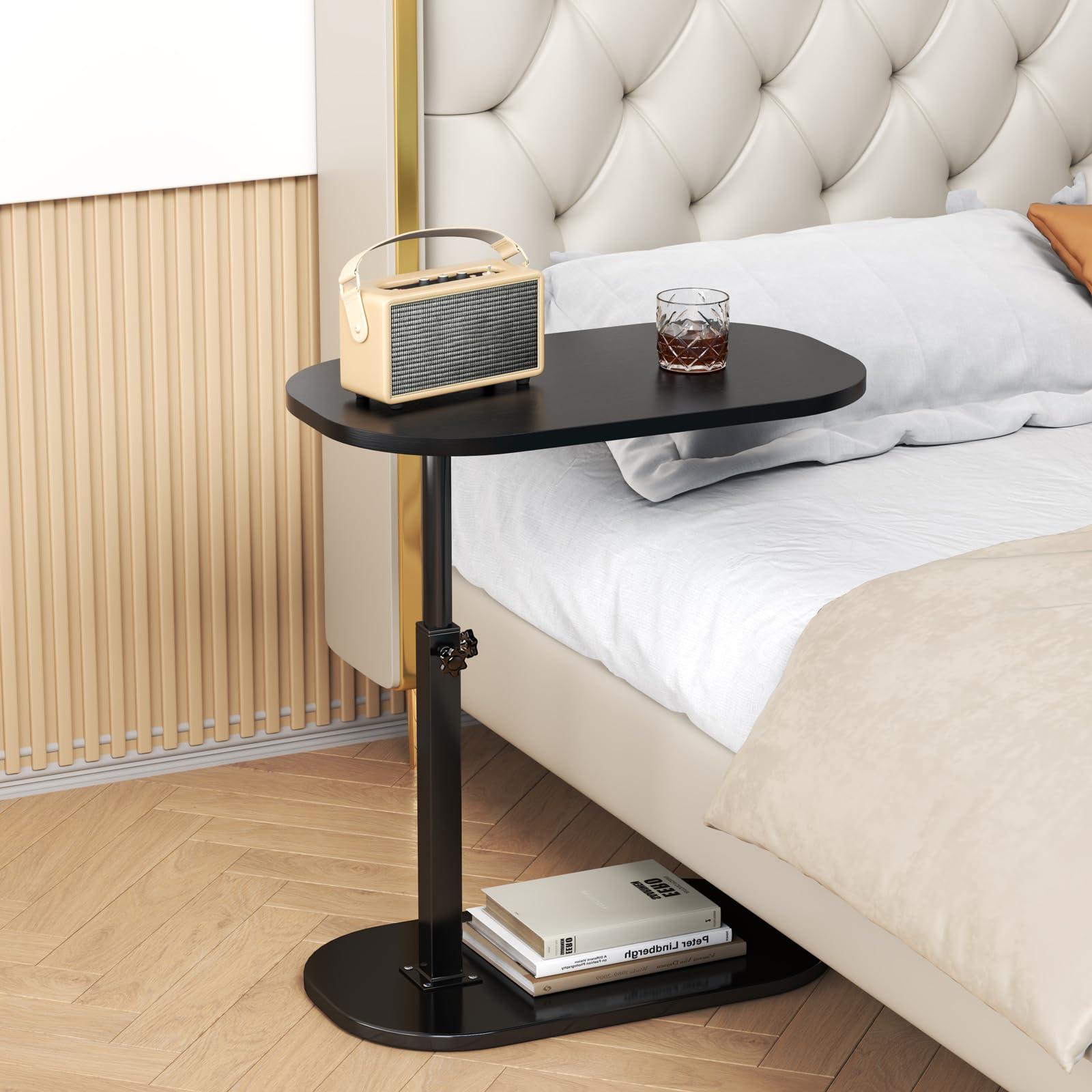 Table d'appoint en Forme de c Hauteur réglable, 360 ° Pivotante Ordinateur Portable stand pour canapé/LIT, Bois Petite Table Basse pour Salon Balcon Chambre, Design léger,Facile à Monter (Black)