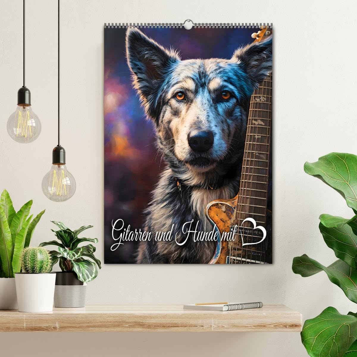 Gitarren und Hunde mit Herz (Wandkalender 2026 DIN A2 hoch), CALVENDO Monatskalender: Amüsante Darstellungen von Hunden, die mit Stolz die Gitarre ihres Herrchens präsentieren (CALVENDO Kunst)