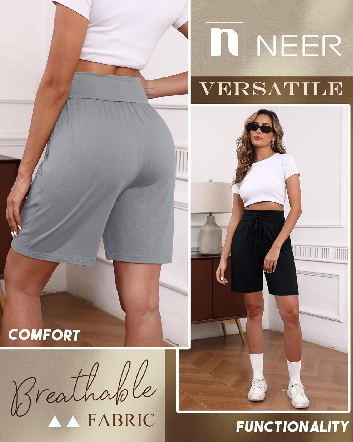 Neer 3 Pack Women's Bermuda Shorts, Knee Length Wide High Waisted Drawstring Casual Athletic Shorts with Pockets - Image 3