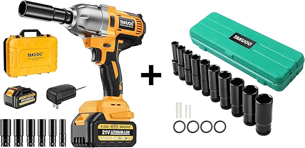 1/2 Inch Cordless Impact Wrench 1000N.m (740Ft-lbs) and 10pcs 1/2" Impact Socket Set (10, 12, 13, 14, 15, 17, 19, 21, 22, 24mm)