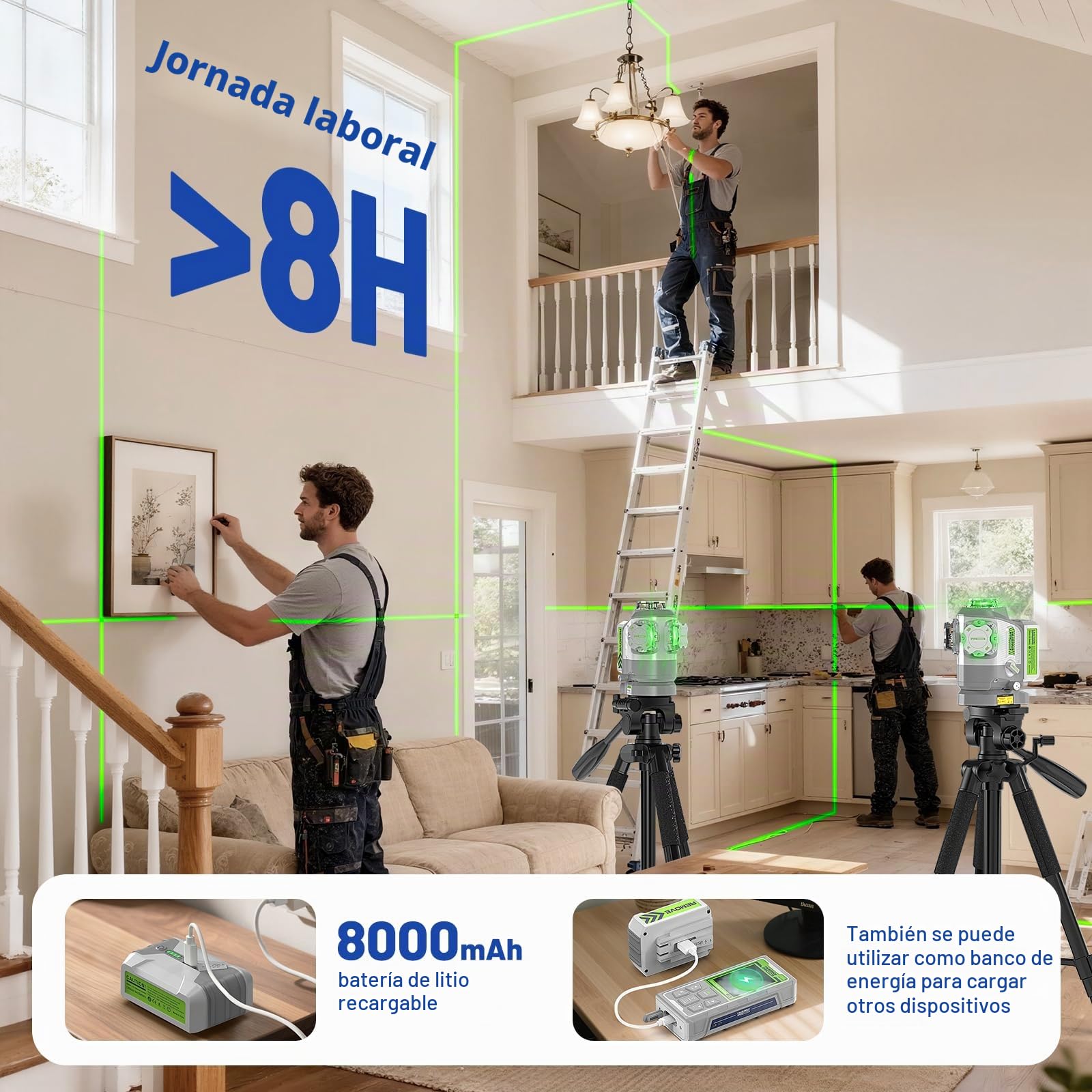 Huepar Pro Láser Nivelador con Base Giratoria Ajustable en Pivot, Nivel Láser Verde Autonivelante 360°, Recargable, Control Remoto, Alta Precisión ±2 mm, Modo Pulso, Uso Profesional