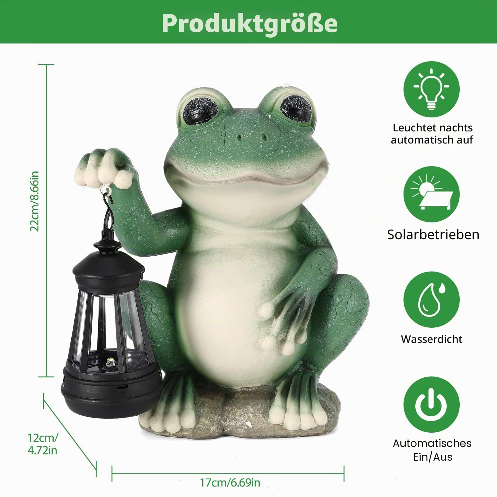 Solar Frosch Statue mit Solar Laterne, Außen Solar Gartendeko Frosch Gartenfiguren, Outdoor Frosch Garten Figuren Ornament mit Einem Lächeln für Hof Dekoration,Terrasse,Balkon,Gartengeschenke