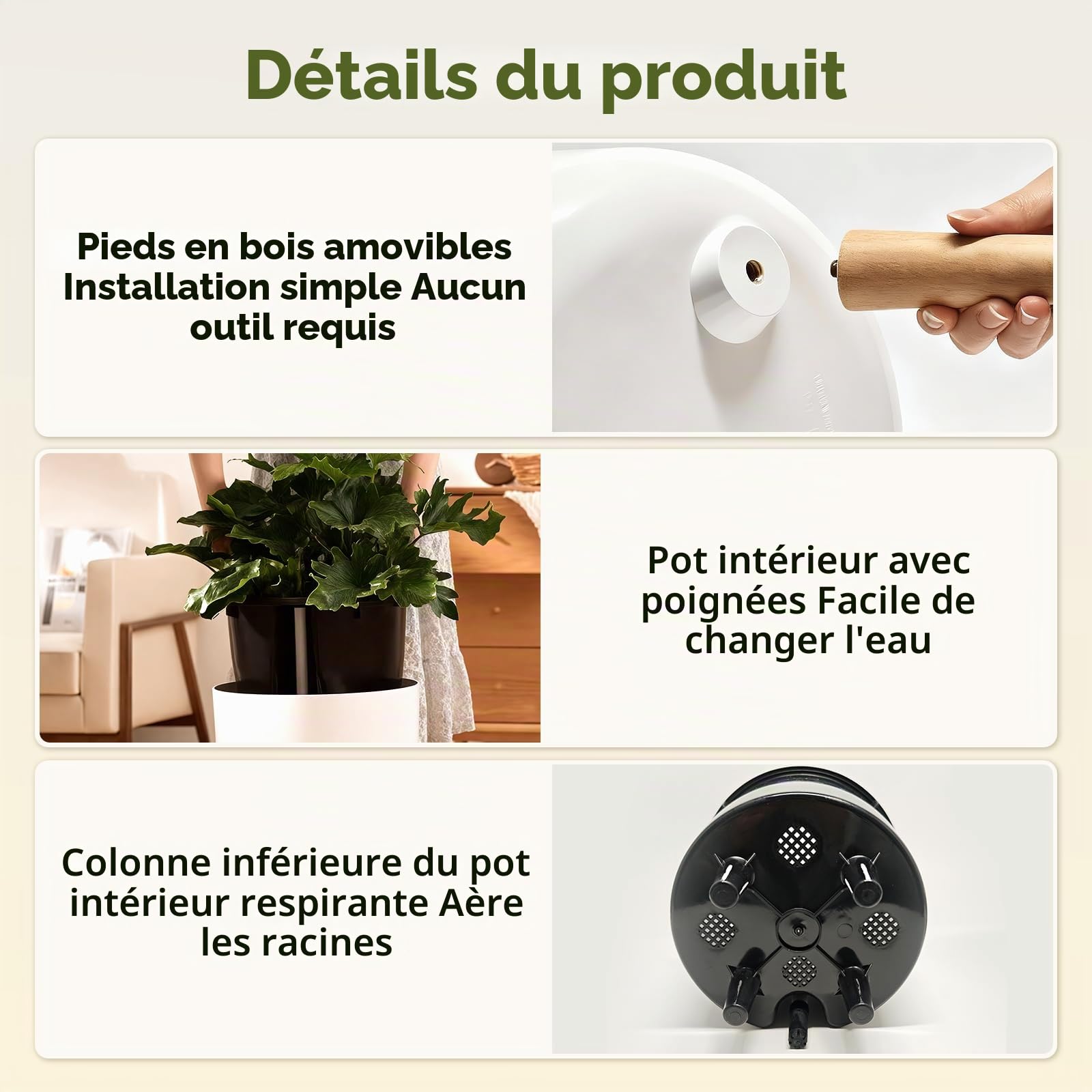 Bamworld Pots de Fleurs d'intérieur avec Support de Plantes 24,4 cm à arrosage Automatique avec Pieds en Bois Amovibles et indicateur de Niveau d'eau, Pot de Fleurs Moderne avec Pot intérieur