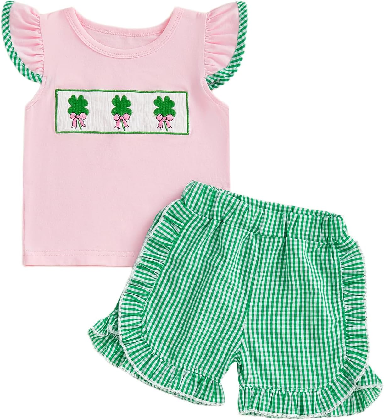 Karuedoo Toddler Baby Girl St Patricks Day Outfit Clover Embroidery Smocked Flutter Sleeve T Shirt Plaid Ruffle Shorts Set