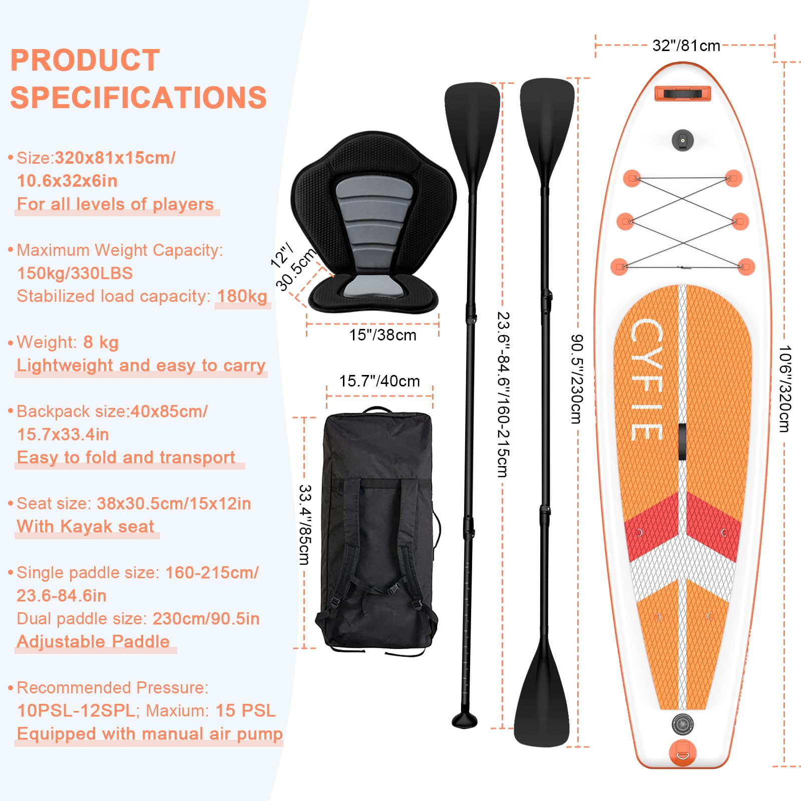 CYFIE Tabla de surf de remo de pie, accesorios completos, tabla de SUP inflable con asiento de kayak y remo de doble uso, tabla de paddle surf para adultos, remo de pie de 320 cm, capacidad de carga