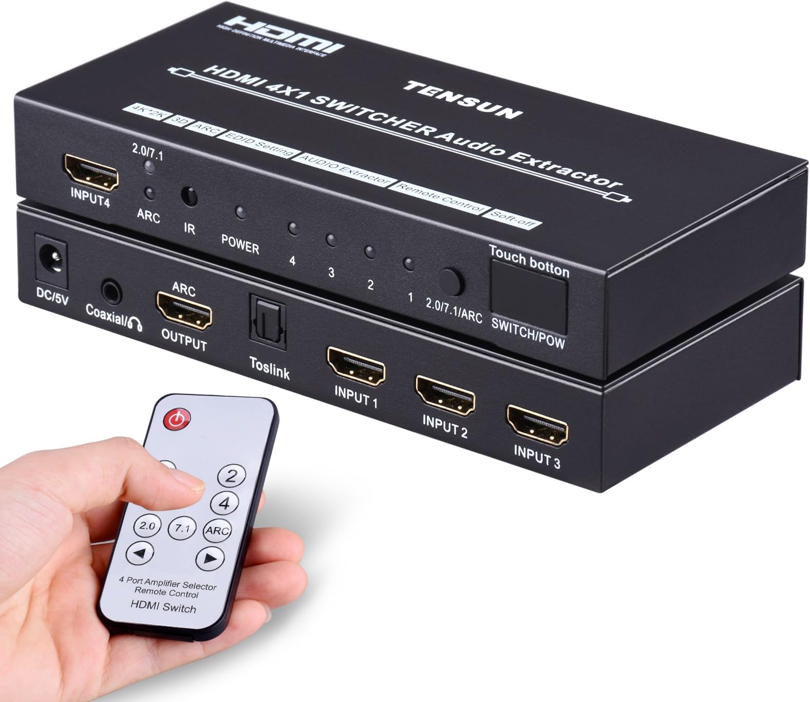 HDMI Switch ARC, Tensun 4 Port HDMI Switch with Audio Out Optical SPDIF & RCA L/R and IR Wireless Remote Supports 4K, 3D for HD/UHD TV, PS4, STB, Blue-ray DVD