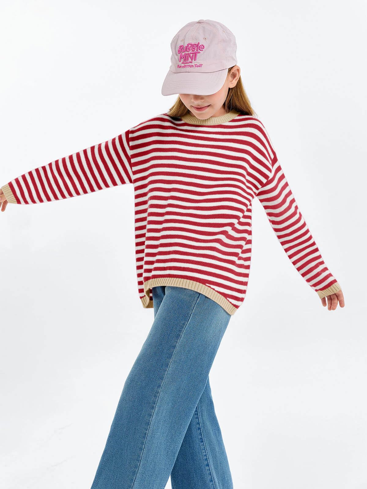 Haloumoning Jersey para niña a rayas, cuello redondo, jersey de punto ligero para niños, monocolor, manga larga, jersey de invierno, camiseta de invierno
