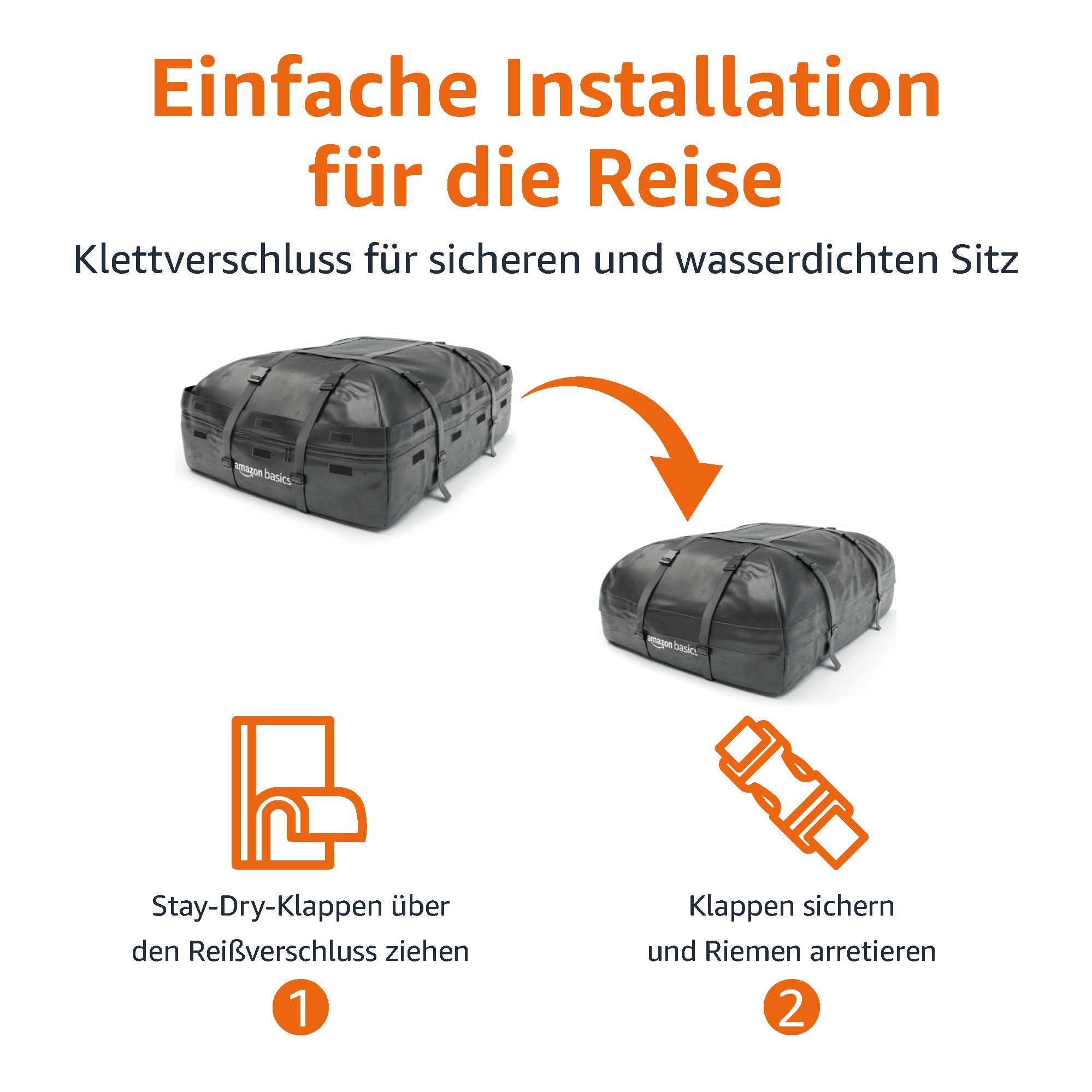Amazon Basics Dachbox Tasche Auto, 425L, Wasserdicht, Faltbare Dachgepäckträger Tasche für Fahrzeuge mit Dachträger, 8 Verstärkte Spanngurte, Aufbewahrungstasche Inklusive, Schwarz