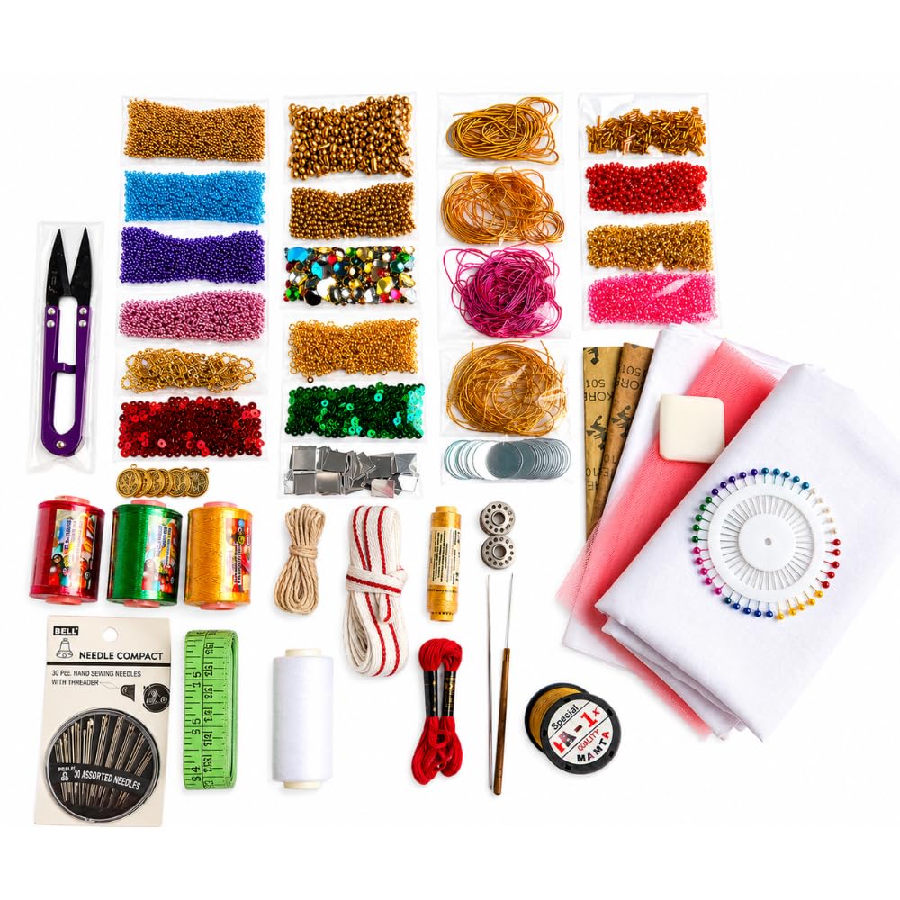 Aari Work Raw Materials Kit (Without Frame & Stand) -Full Combo Pack with 30-Needle Compact, Practice Fabrics, Pearl Pin,Needle,ZariGold Thread, and Beads,Etc IF38 (Pack of 1)-image-3