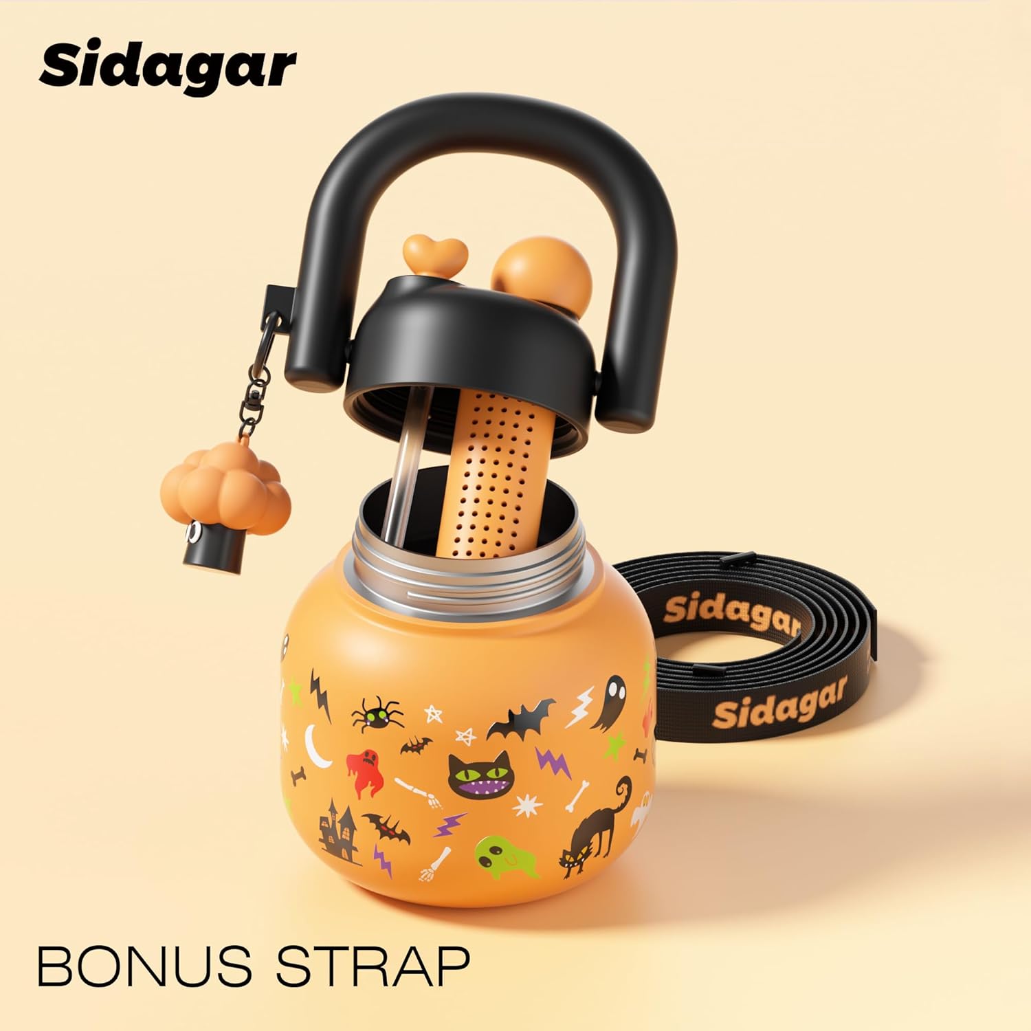 22 oz Tote Water Bottle with Straw and Carry Handle, Wide Mouth Vacuum Insulated Stainless Steel Tumbler, Travel Coffee Cup for Women Easy Carry, Halloween - Image 6