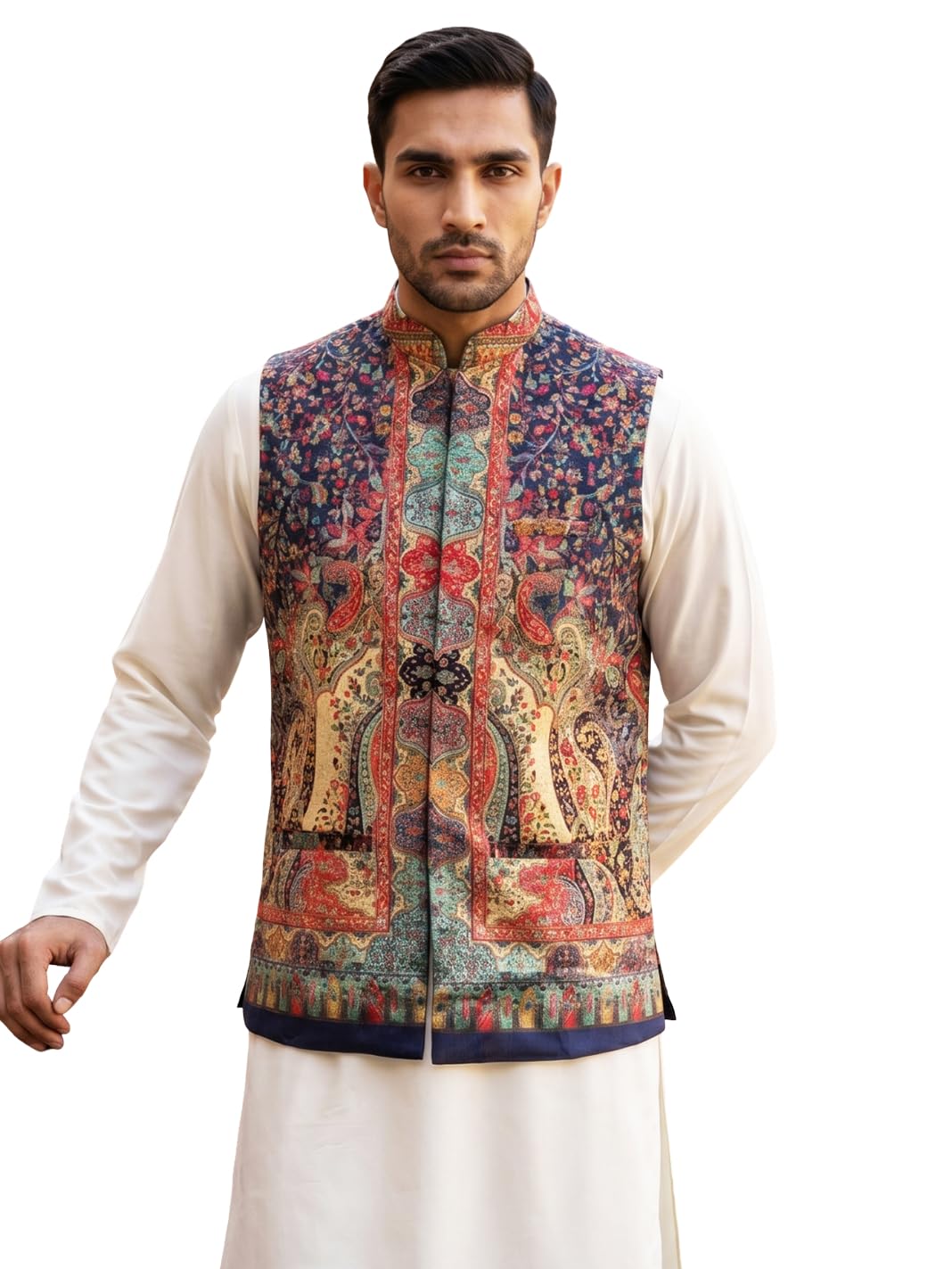 jompers Printed Velvet Nehru Jacket (Navy, XL)-picture-14