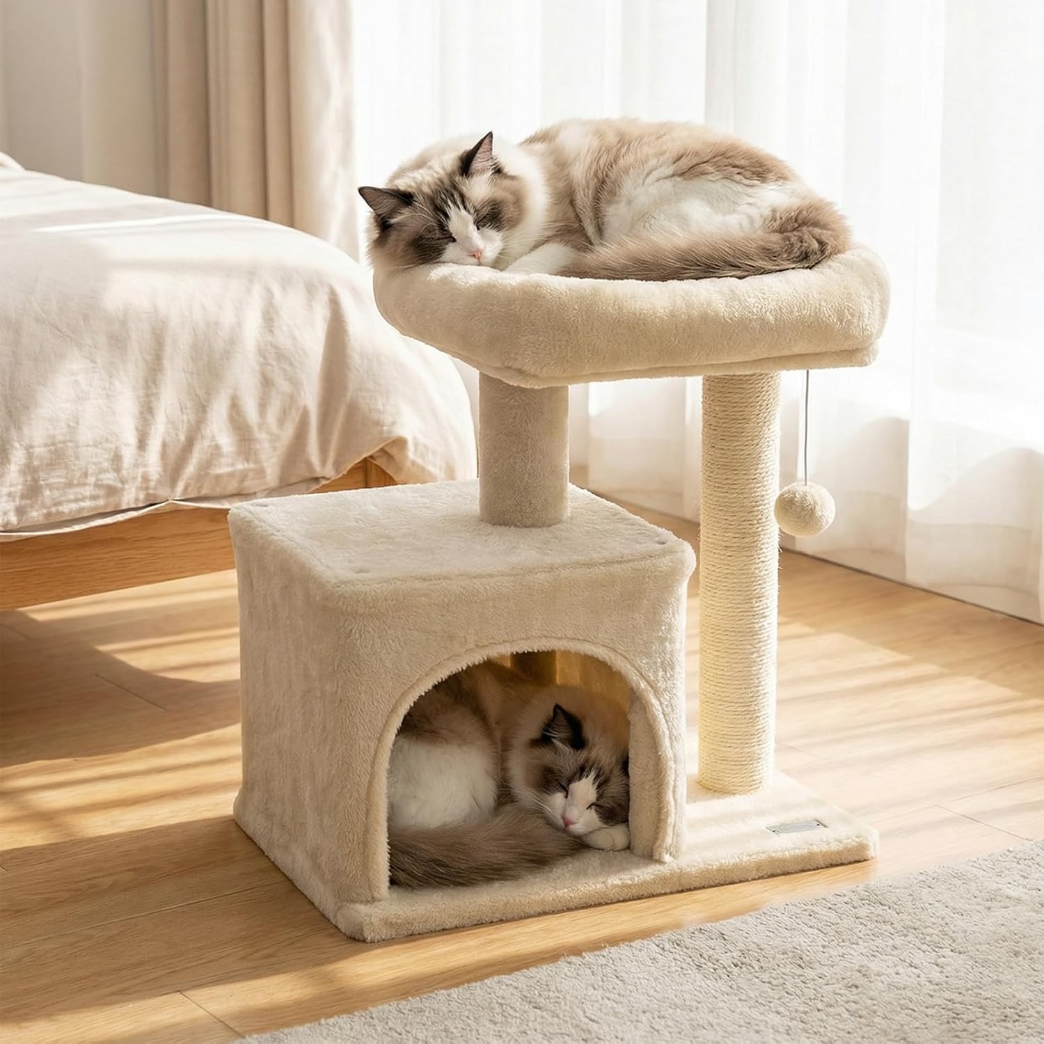 PETSITE 19.5-inch Small Cat Tree, with Sisal Scratching Post, Interactive Hanging Ball, Comfy Condo, and Spacious Top Perch, Ideal for Indoor Cats and Kittens (Beige)