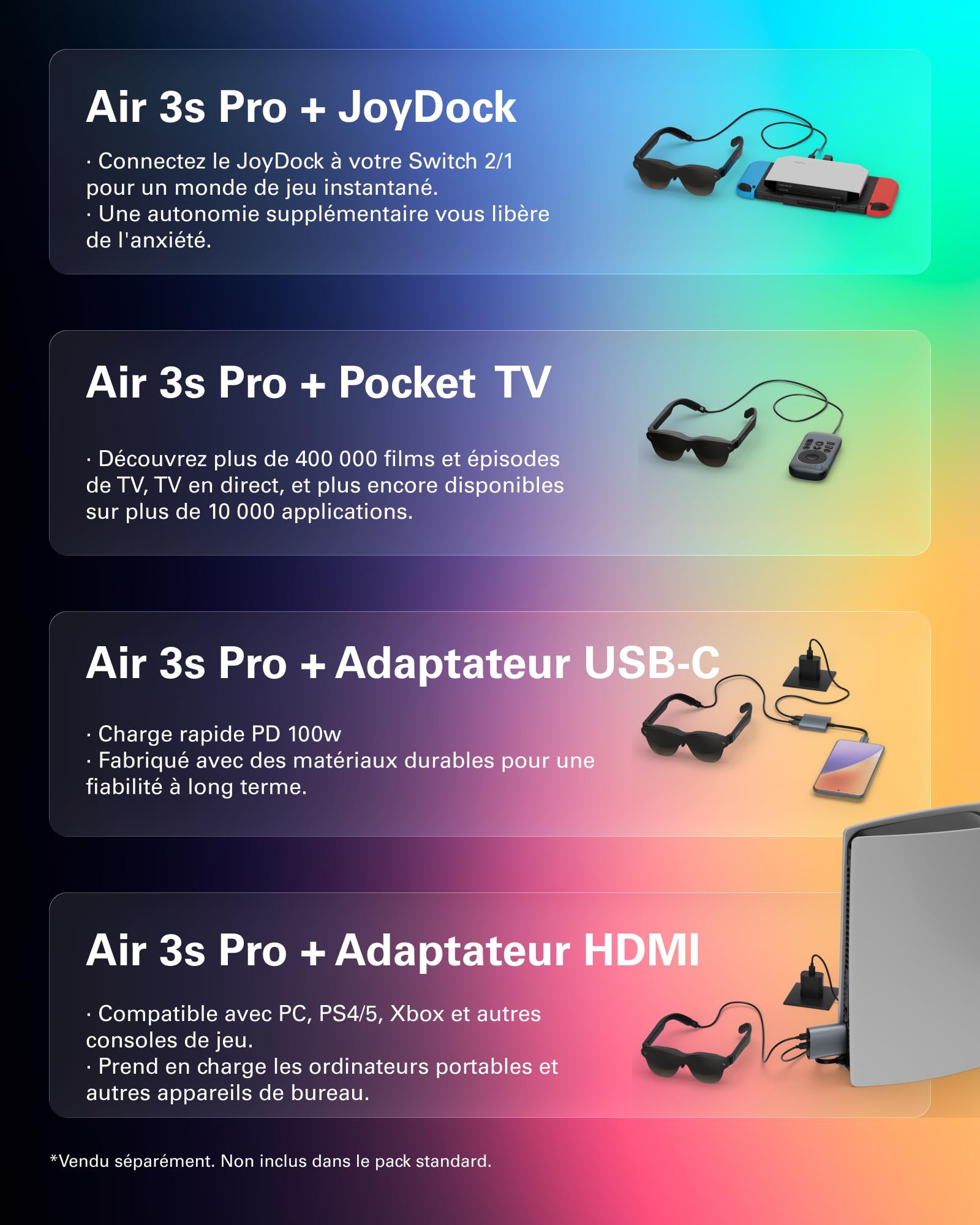 RayNeo Air 3s Pro Lunettes AR/XR - Affichage vidéo 201'' 1200 Nits 120Hz HueView 2.0, Lunettes de Jeu intelligentes pour iPhone 17,16,15/Android/Mac 2/PS5/SteamDeck
