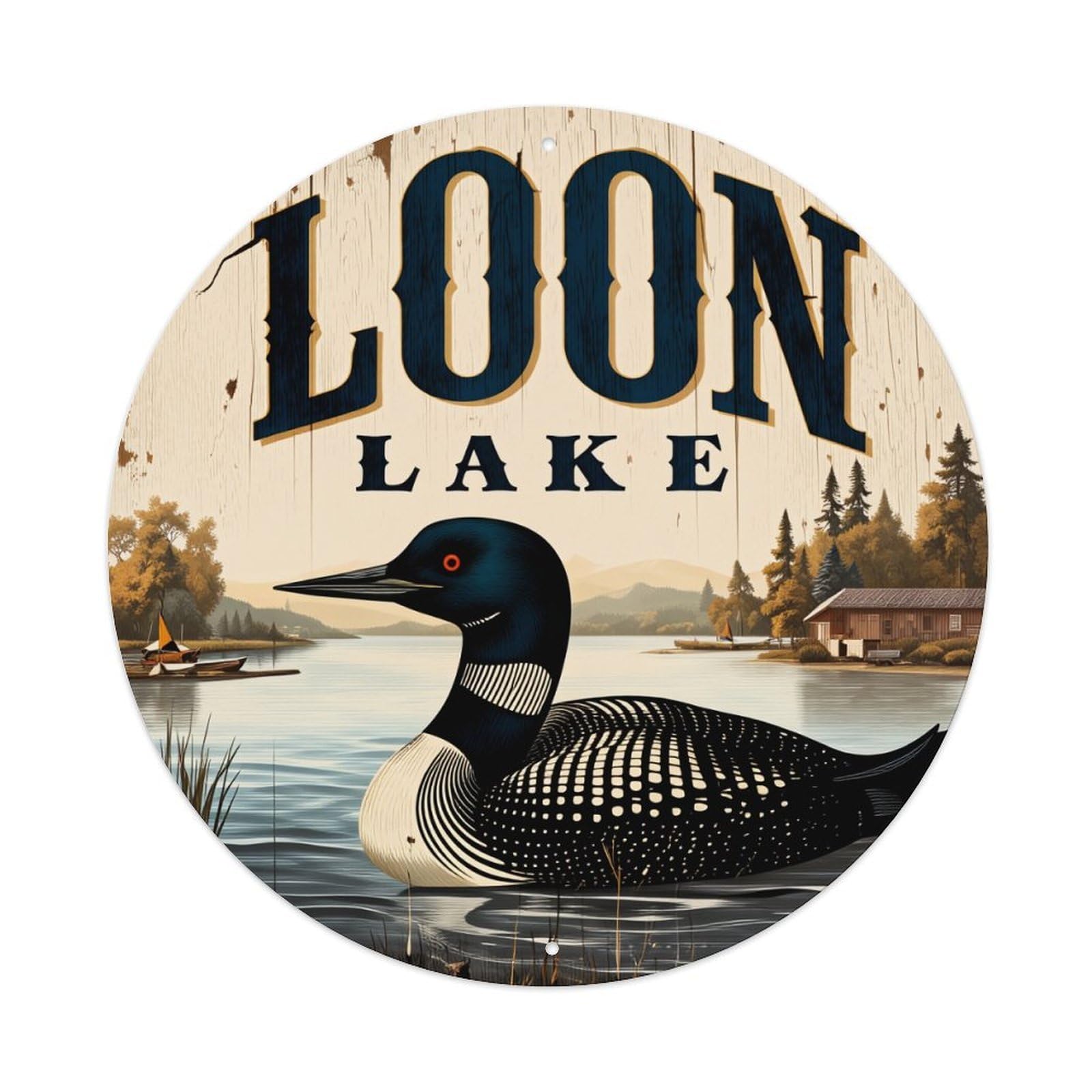 Wmlzdnwr Vintage Loon Lake Scene With Duck And Cabin Round Tin Sign,Retro Wall Art,Metal Poster For Home, Bar, Garage, Cafe, Rustic Indoor & Outdoor Decor, 8X8 Inches